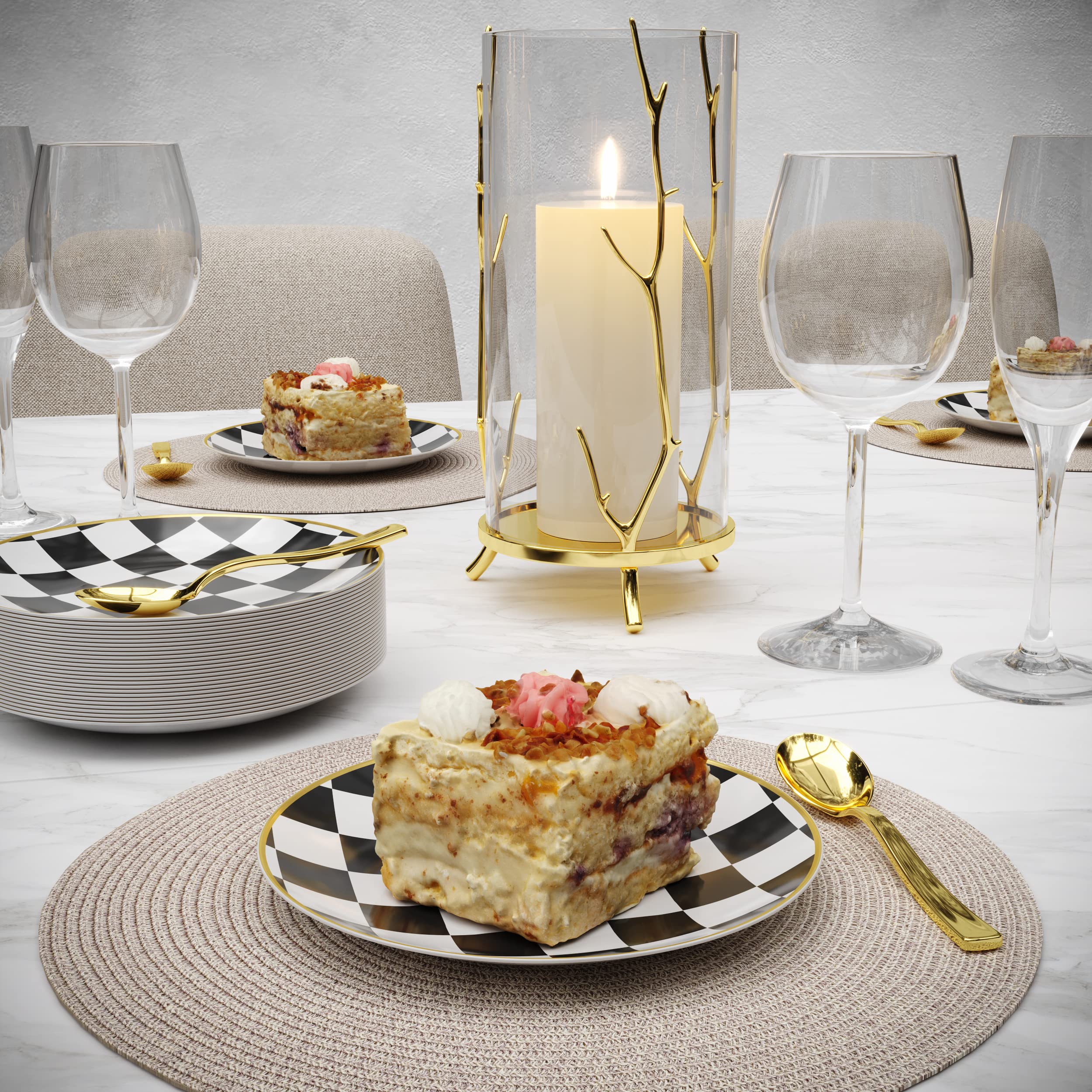 Trendables 120-Pack Mini Disposable Checkered Dessert Plates with Gold Rim & Matching Plastic Spoons - Elegant Party Serving Set for 60 Guests, Perfect for Weddings, Birthdays & Special Occasions