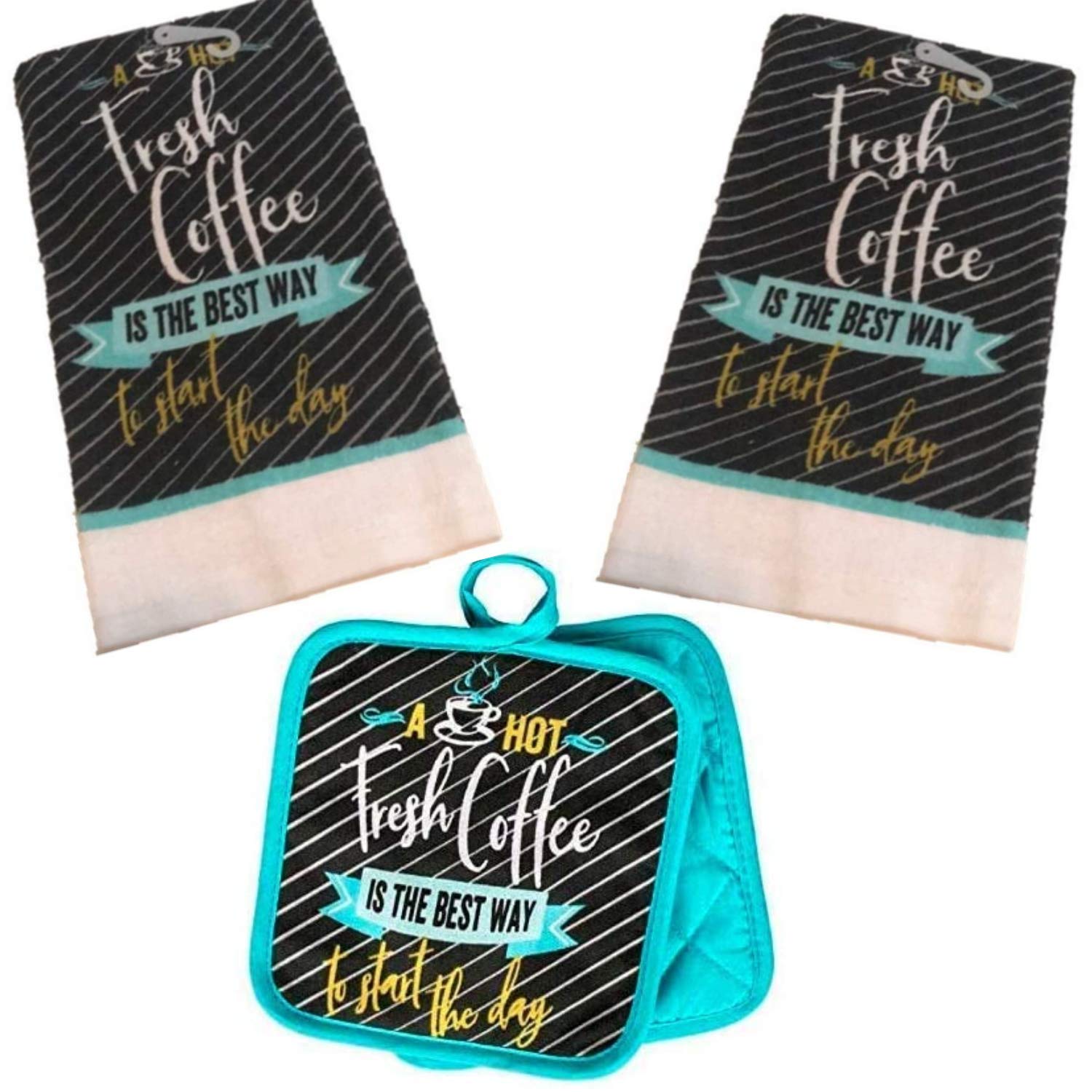 Premium 4-Piece Coffee-Themed Kitchen Towel & Linen Set - Absorbent Dish Towels & Oven Mitts - Perfect for Farmhouse & Modern Kitchen Decor - Ideal for Coffee Lovers' Morning Routine & Hosting Gatherings