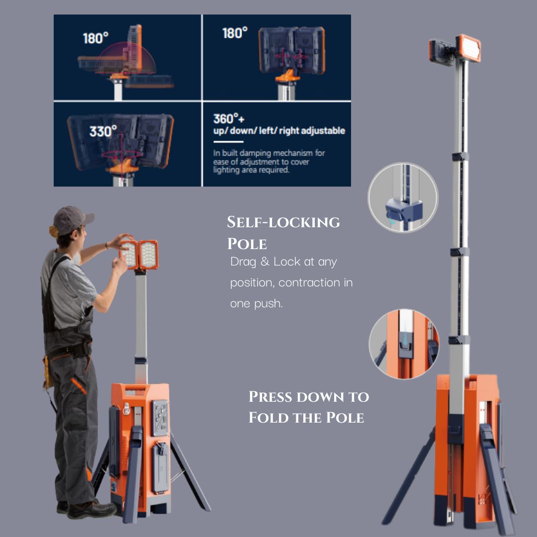 Aiko 2.2M Portable IP66 Waterproof Rechargeable LED Tower Light with Lithium-Ion Battery & Dual Charger - ATL 400 Model | Perfect for Construction Sites, Emergency Lighting, Outdoor Events & Camping
