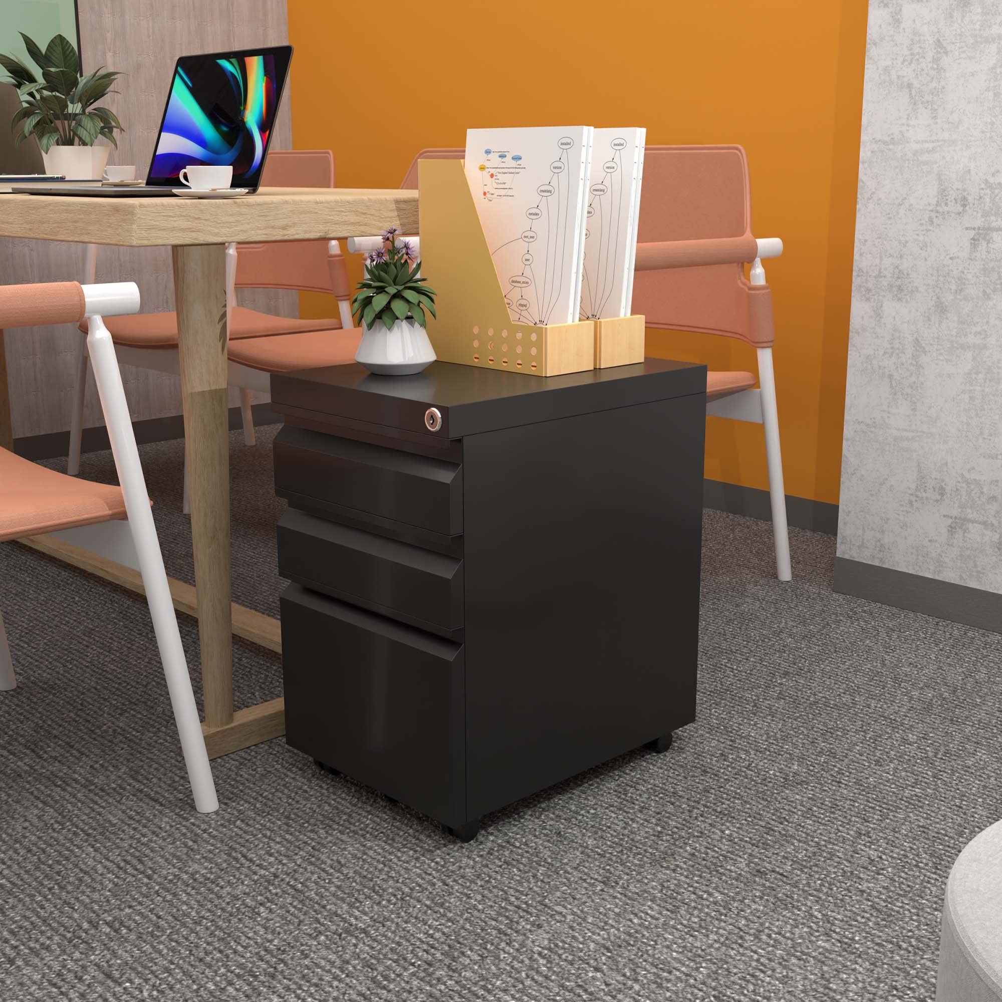 3-Drawer Mobile File Cabinet with Lock - Under Desk Metal Filing Cabinet with Wheels for Legal & A4 Documents - Fully Assembled (Wheels Not Included) - Black - Perfect for Home Office, Classroom, and Small Business Organization