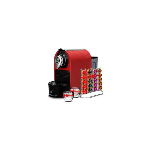 ChefWave Mini Espresso Machine for Nespresso Pods - Programmable One-Touch Coffee Maker with Water Tank & Pod Holder, Includes 2 Double-Wall Glass Cups & 20 Bestpresso Intenso Capsules - Perfect for Home, Office or Gifts (Red)