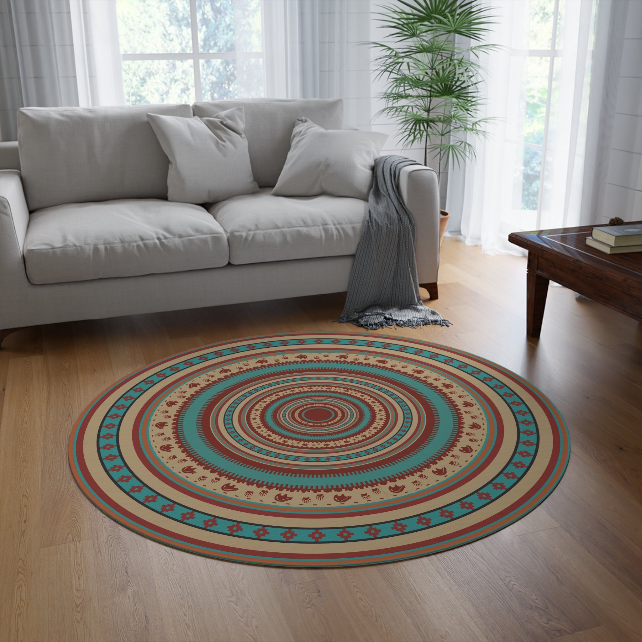 Southwestern Boho Print Round Chenille Rug - Soft Polyester Accent Rug for Living Room, Bedroom & Office - Perfect for Boho Decor & Cozy Home Styling