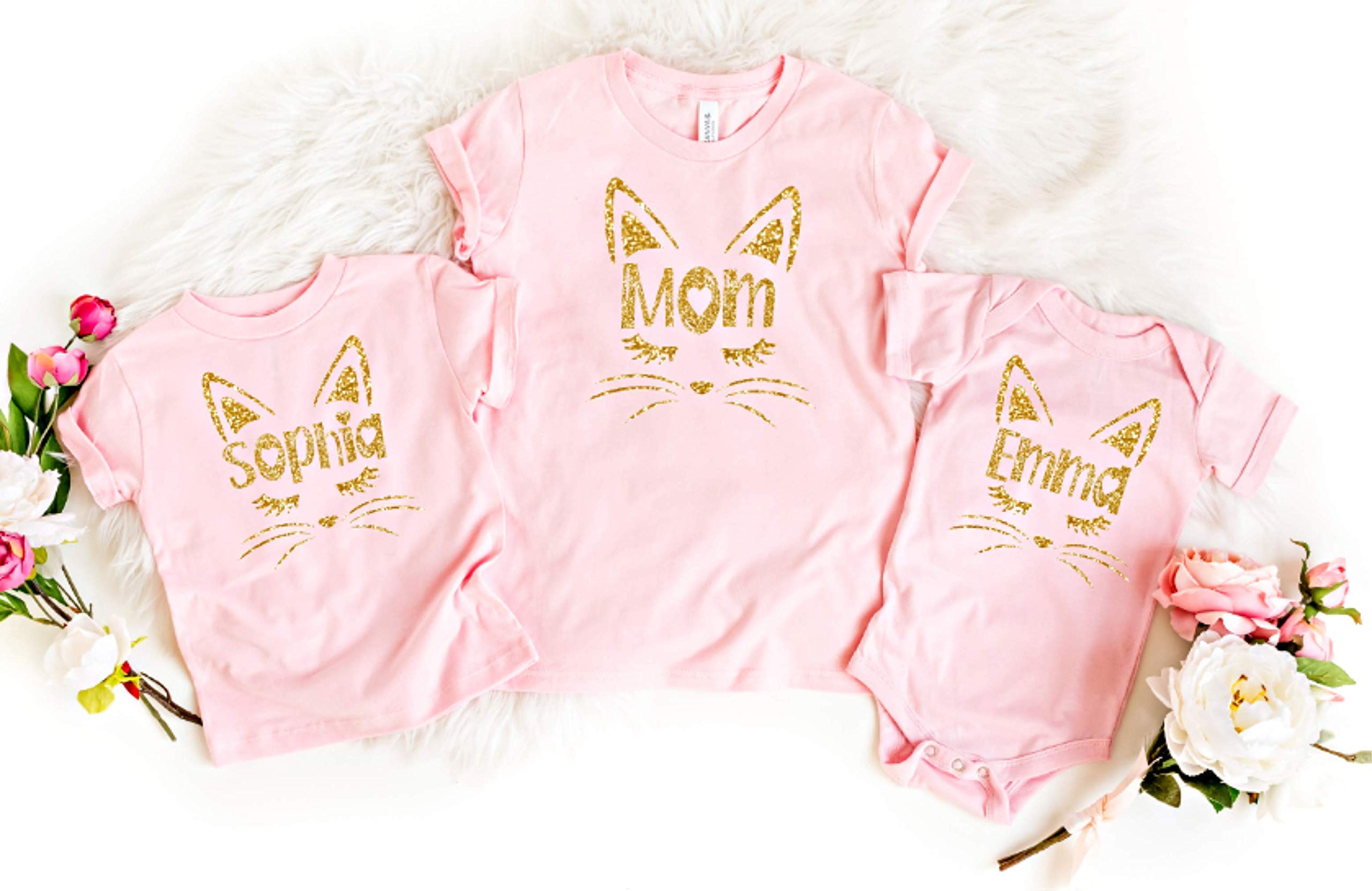 Pink Mommy and Me Matching Shirts - Personalized Mother Daughter Outfits | Cute Kitten Print Toddler T-Shirt | Perfect for Family Photos, Birthday Gifts & Mother's Day