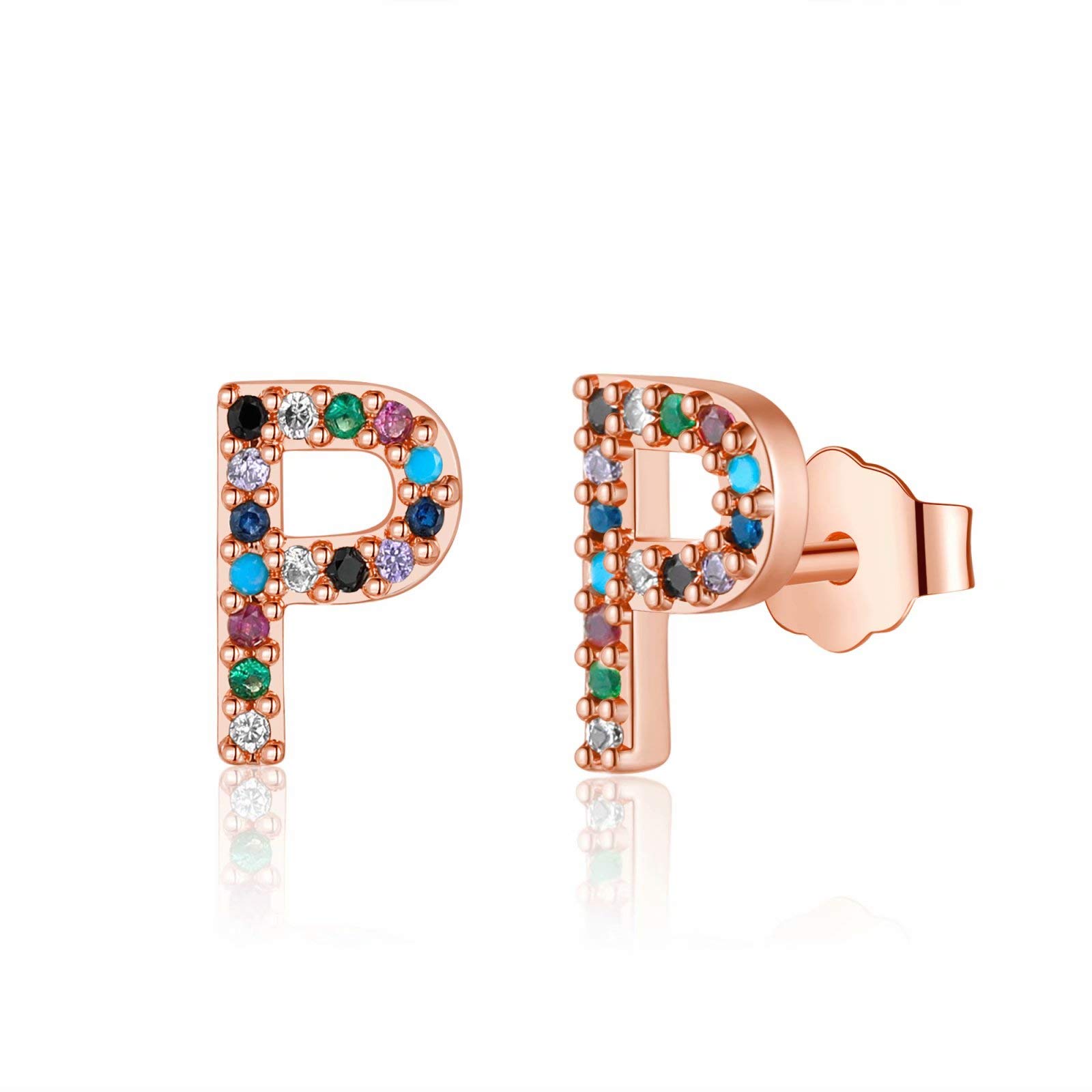 Hypoallergenic 925 Sterling Silver Initial Stud Earrings for Women & Girls - Gold Plated Rainbow Cubic Zirconia Letter Jewelry - Perfect Birthday Gift, Graduation Present & Everyday Wear