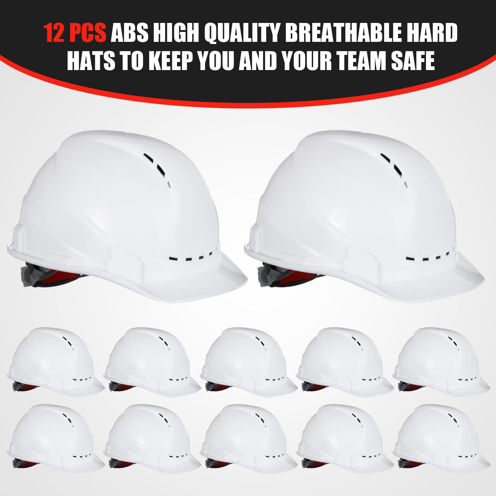 Xuhal 12-Pack ABS Construction Hard Hats with Vents & Adjustable Ratchet - 4-Point Suspension Safety Helmets with Cotton Brow Pad for Head Protection | Ideal for Construction, Industrial Work & Outdoor Safety Gear