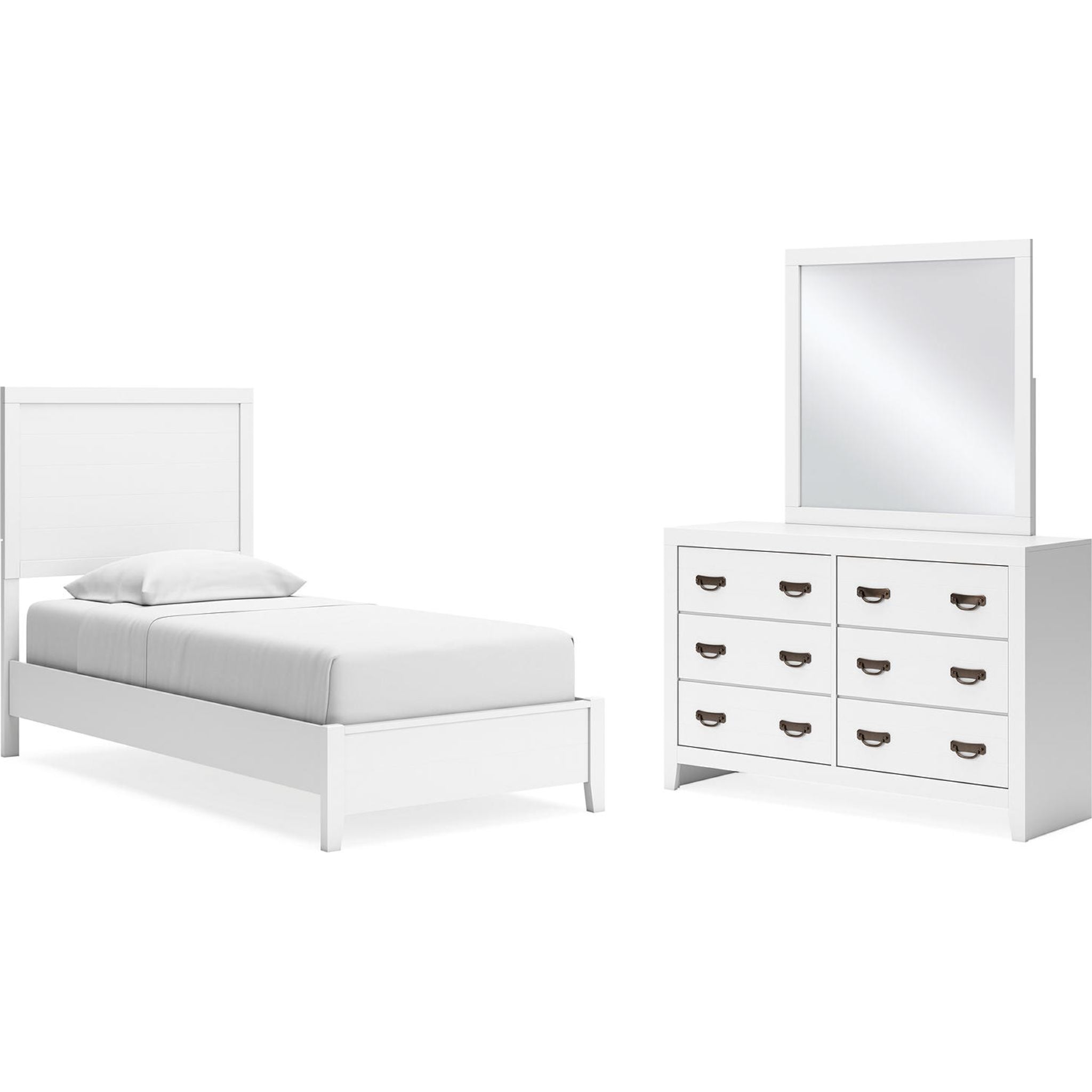 Binterglen 5-Piece Twin Panel Bedroom Set - Modern Wooden Bed Frame, Nightstand, Dresser & Mirror - Perfect for Small Spaces, Guest Rooms & Kids' Bedrooms