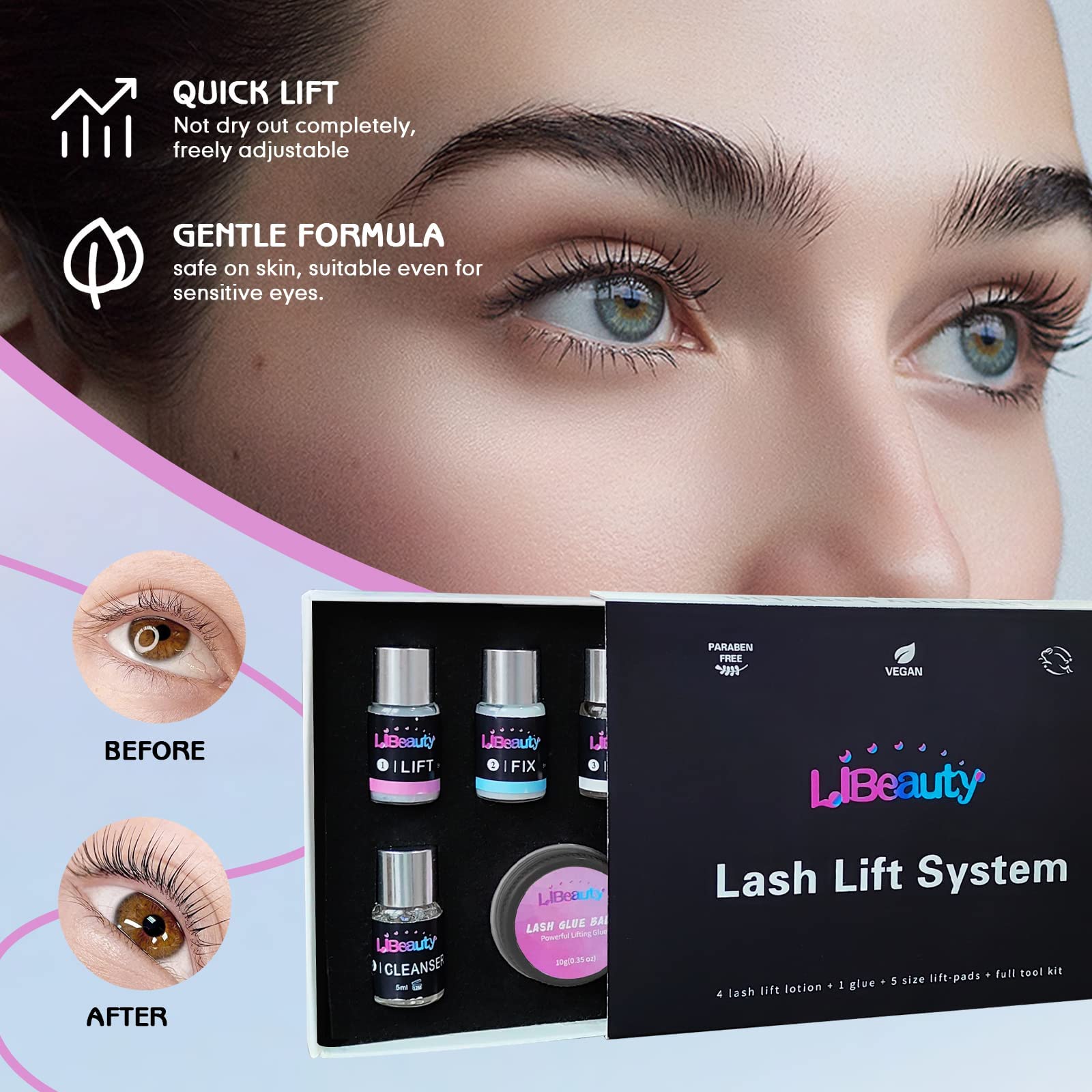 Professional Libeauty Lash Lift Kit with Advanced Glue Balm - DIY Eyelash Perm & Brow Lamination Set for Salon & Home Use - Easy for Beginners - Perfect for Special Occasions & Daily Beauty Routine (Pink)