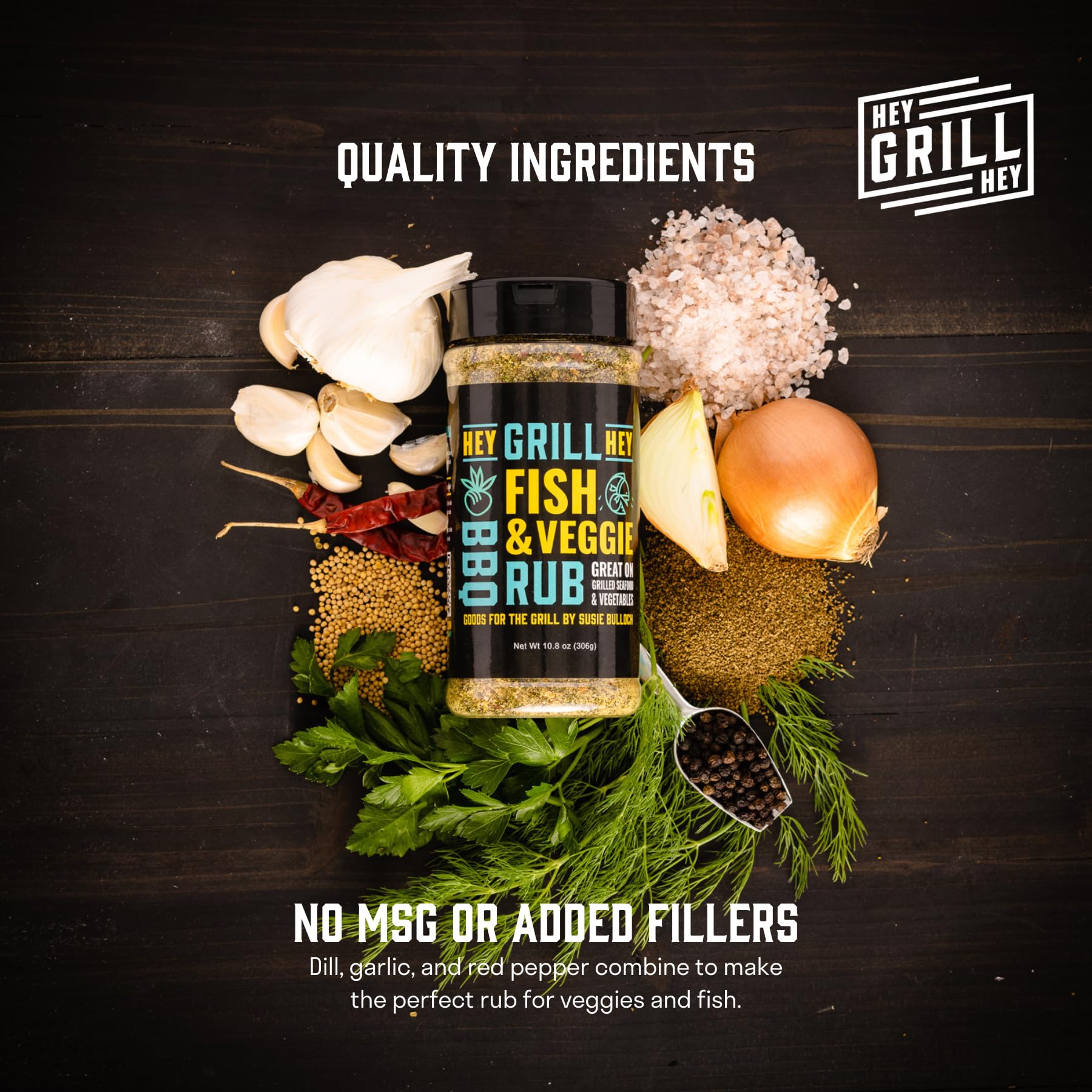 Hey Grill Hey Fish & Veggie Rub 10.8 oz - Premium Seafood & Vegetable Seasoning for Chicken, Dips, Grilling & BBQ | Perfect for Salmon, Steak, Salads & Party Snacks