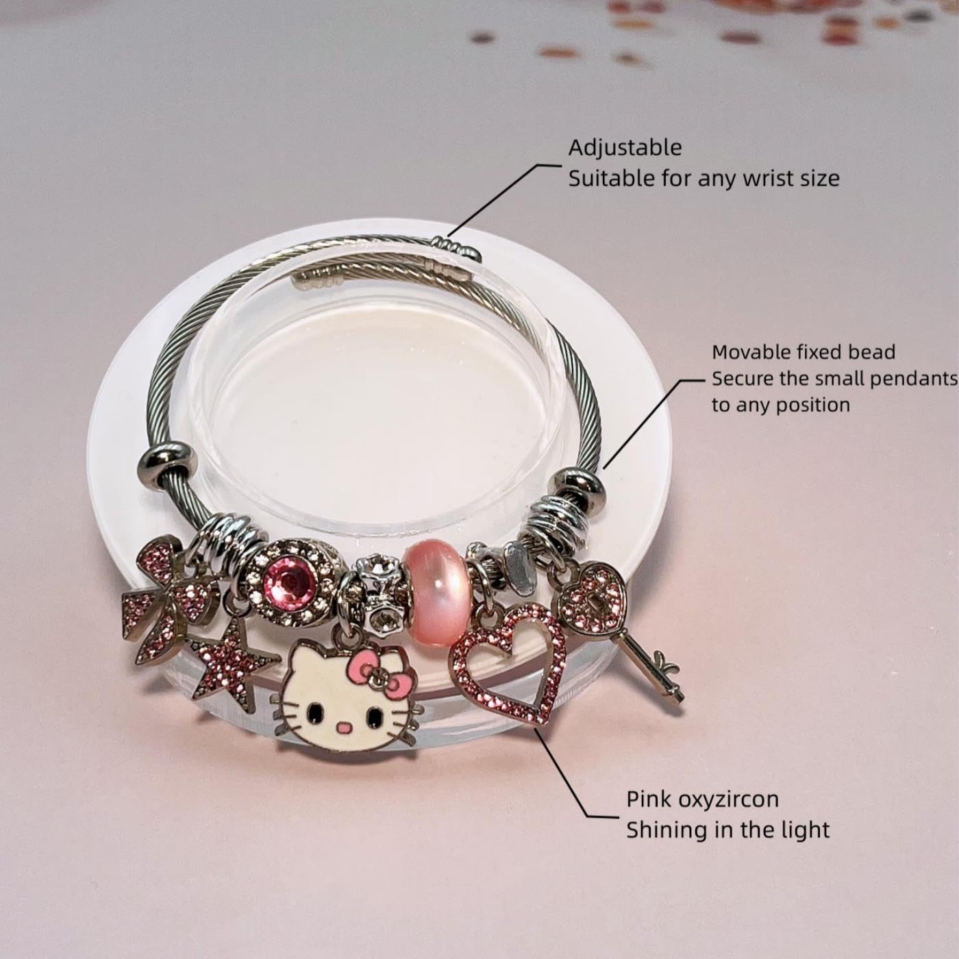 Aimery Kitty Charms Bracelet - Kawaii DIY Cartoon Bangle with Cubic Zirconia - Cute Jewelry Gift for Wife, Girlfriend, Daughter - Perfect for Birthday, Anniversary, Valentine's Day Gifts