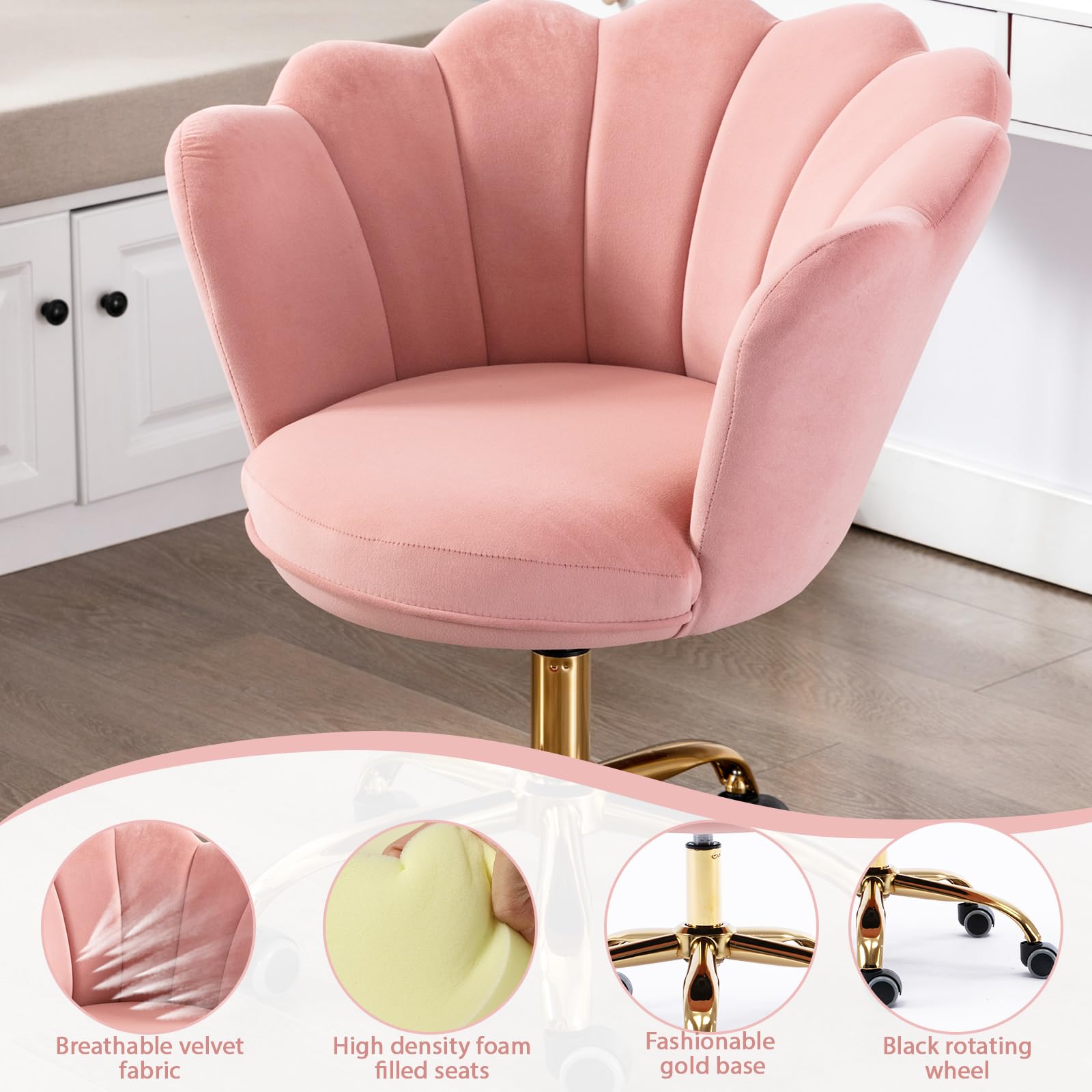 Modern Velvet Home Office Chair with Wheels & Swivel - Adjustable Height Desk Chair for Work, Study, Makeup Vanity - Pink Task Chair for Living Room, Bedroom & Home Office