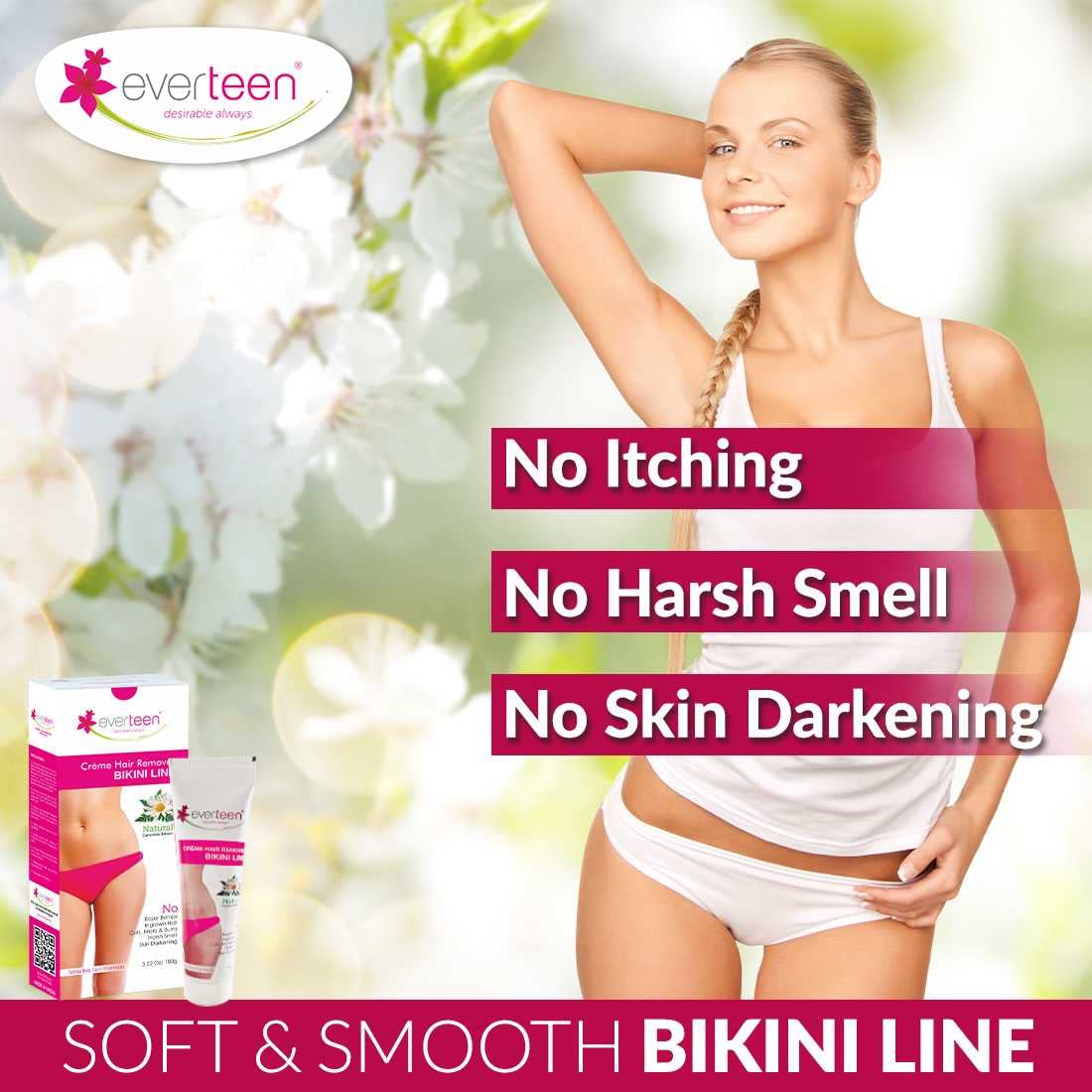 Everteen Bikini Line Hair Remover Cream for Women - 100g Natural Depilatory Cream, Painless Hair Removal for Sensitive Skin | Perfect for Bikini Area, Underarms & Legs | Smooth Skin for Summer Beach & Swimming