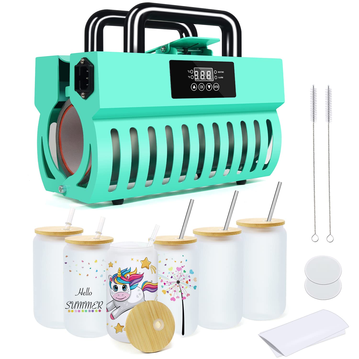 Realkant 110V Tumbler Heat Press Machine with 6-Piece 16oz Frosted Sublimation Glass Blanks Kit - Perfect for 11-30oz Skinny Straight Tumblers, Mugs & Glass Jars - Ideal for DIY Sublimation, Custom Drinkware & Personalized Gifts