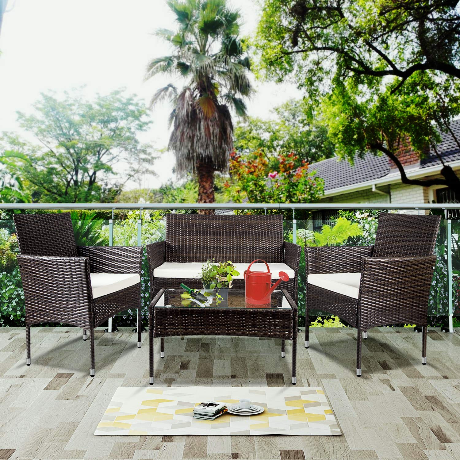 4-Piece Outdoor Patio Furniture Set - Rattan Wicker Sofa & Chairs with Cushions & Glass Table - Brown & Beige Garden Conversation Set for Backyard, Poolside, Deck or Terrace Relaxation