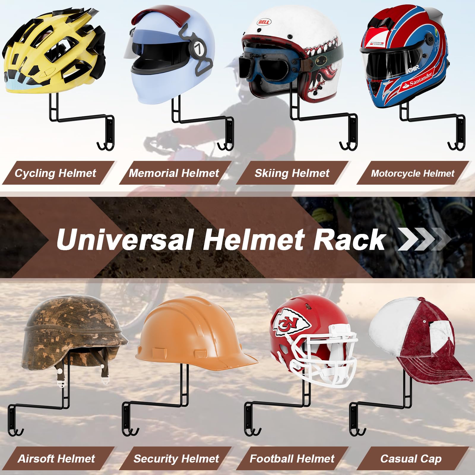 Motorcycle Helmet Holder Wall Mount - 4 Pack with 2 Hooks for Bike, Coats & Sports Gear - Perfect for Garage Storage