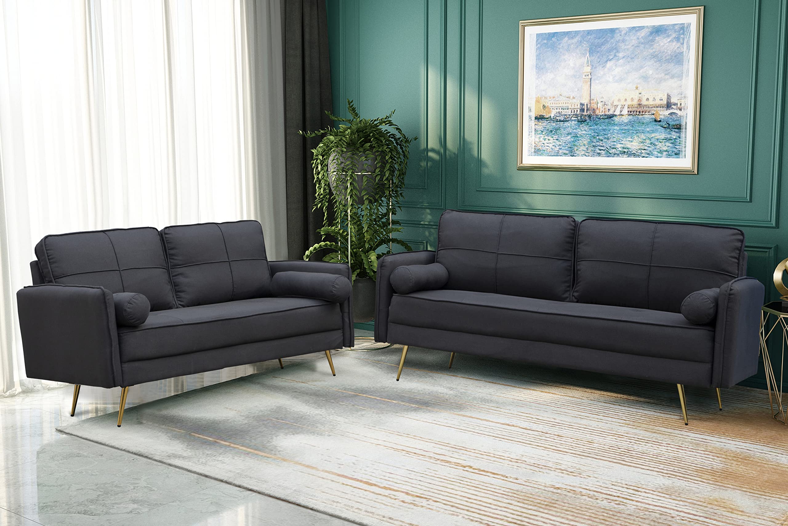 Luxury Velvet Tufted Loveseat Sofa with Bolsters & Metal Legs - Modern Upholstered Couch for Living Room, Bedroom, Apartment | Elegant Home Decor & Small Space Seating Solution