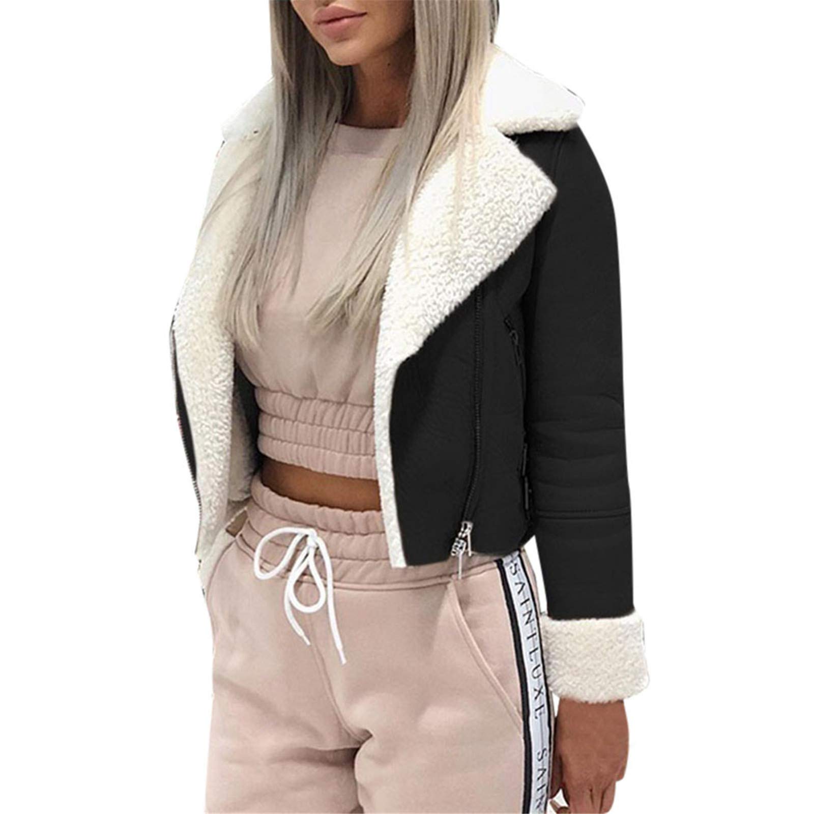 Aniywn Women's Faux Shearling Moto Jacket - Thick Lined Winter Coat, Leather Parka with Open Front - Perfect for Casual Outings, Winter Travel & Street Style Fashion