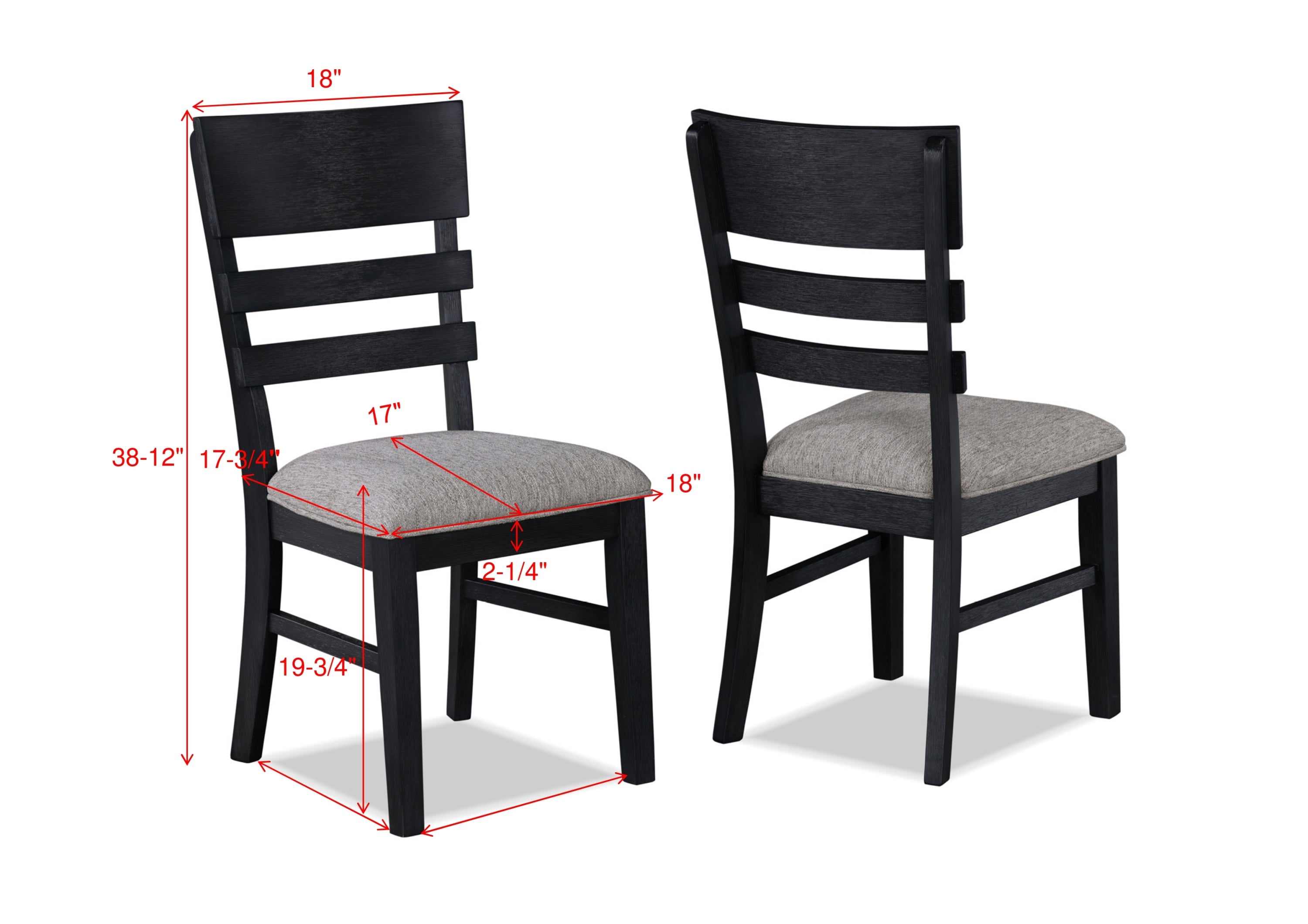 2-Piece Black Finish Side Chairs with Gray Fabric Upholstered Seat - Ladder Back Contemporary Transitional Style Wooden Dining Chairs for Kitchen, Breakfast Nook & Small Space Dining
