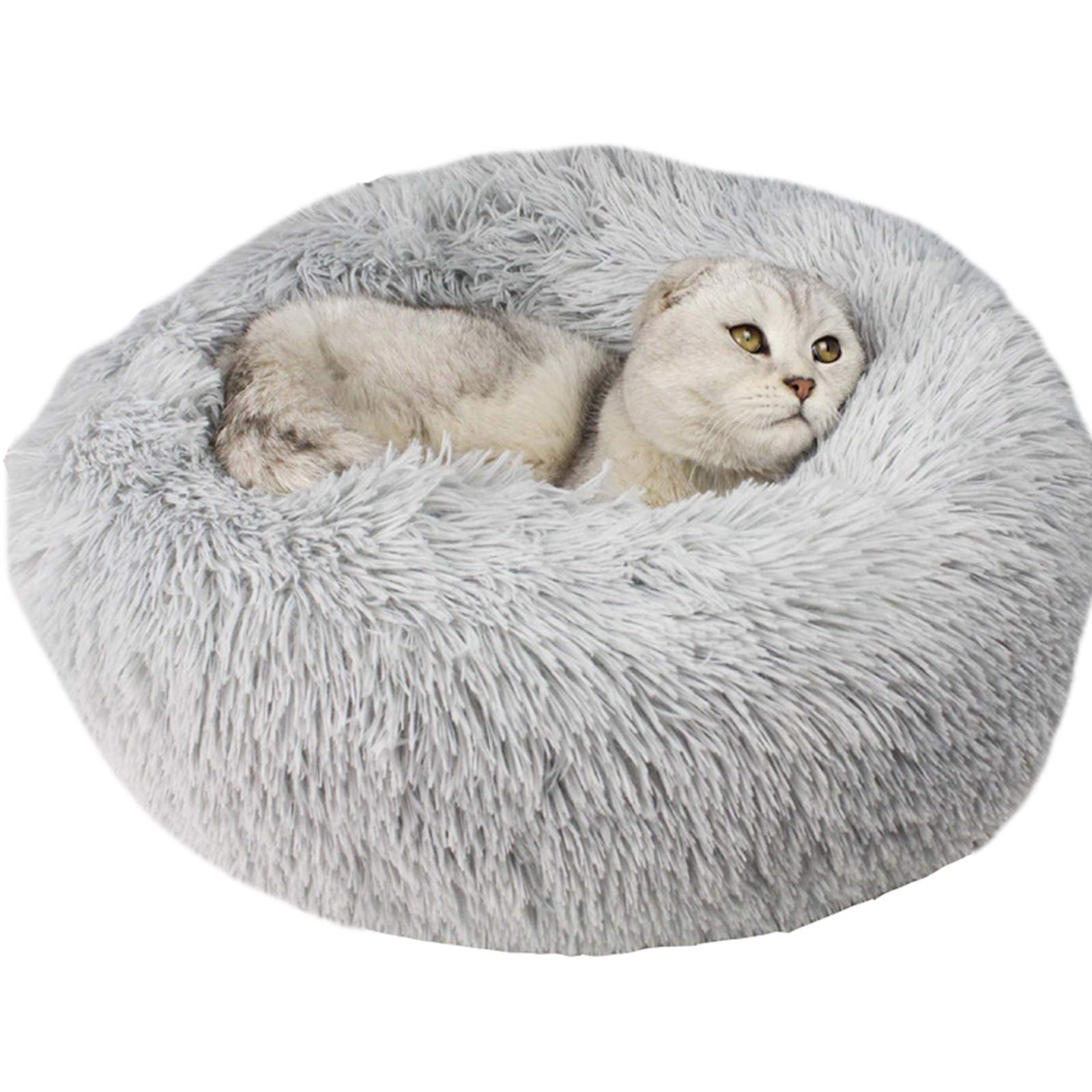 Cozy Donut Cat Bed for Indoor Cats & Small Dogs - Fluffy Round Plush Faux Fur Pet Bed with Self-Warming Feature, Waterproof Bottom & Machine Washable - Perfect for Winter Sleeping & Calming Anxiety Relief