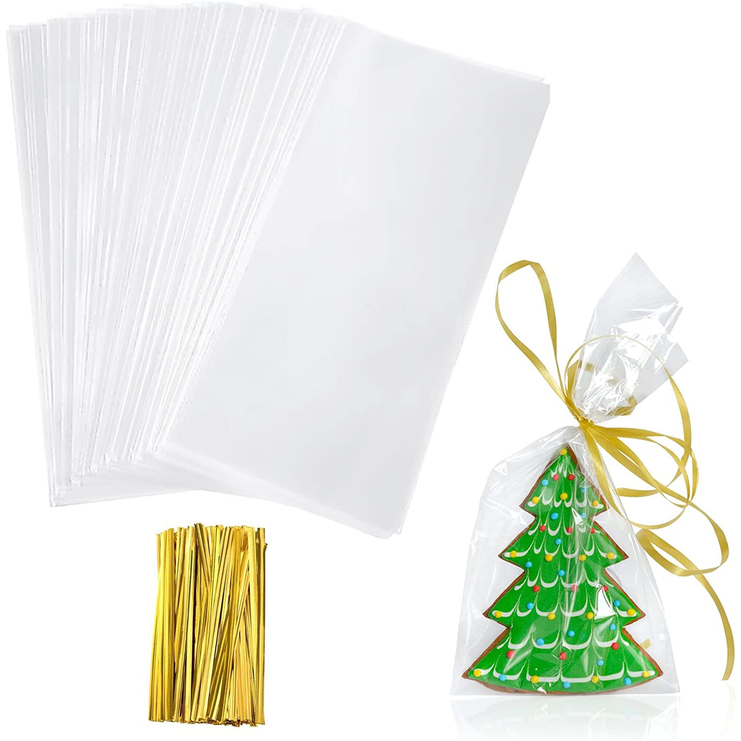 Yotelab 4x9 Inches Clear Cellophane Treat Bags with Twist Ties - 100 Pack | Perfect for Candy, Cookies, Party Favors & Gift Wrapping