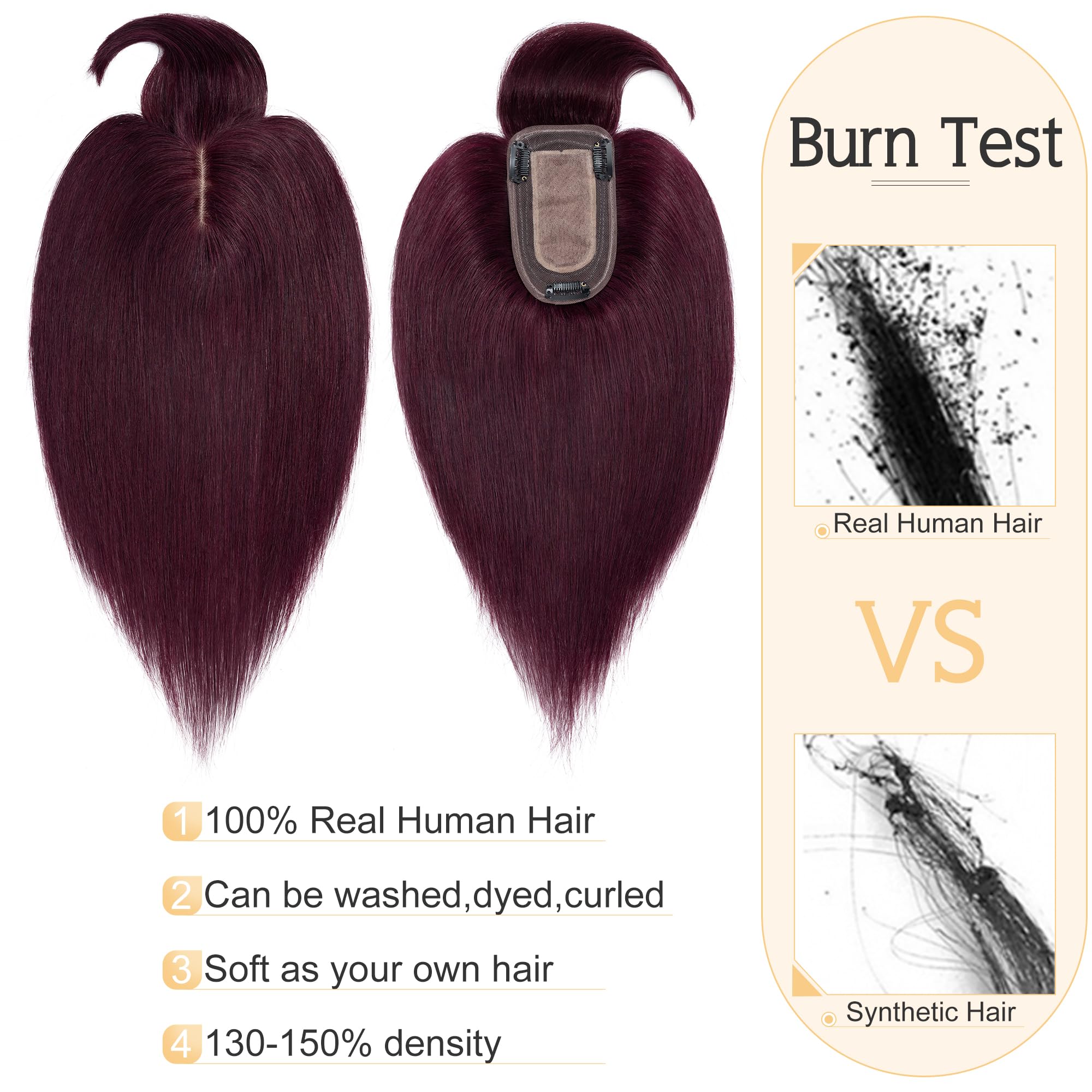 SEGO 12 Inch Wine Red Human Hair Toppers for Women with Bangs - 7x13cm Silk Base Clip-in Top Wiglet for Thinning Hair | 100% Remy Human Hair | Perfect for Daily Wear, Parties & Special Occasions