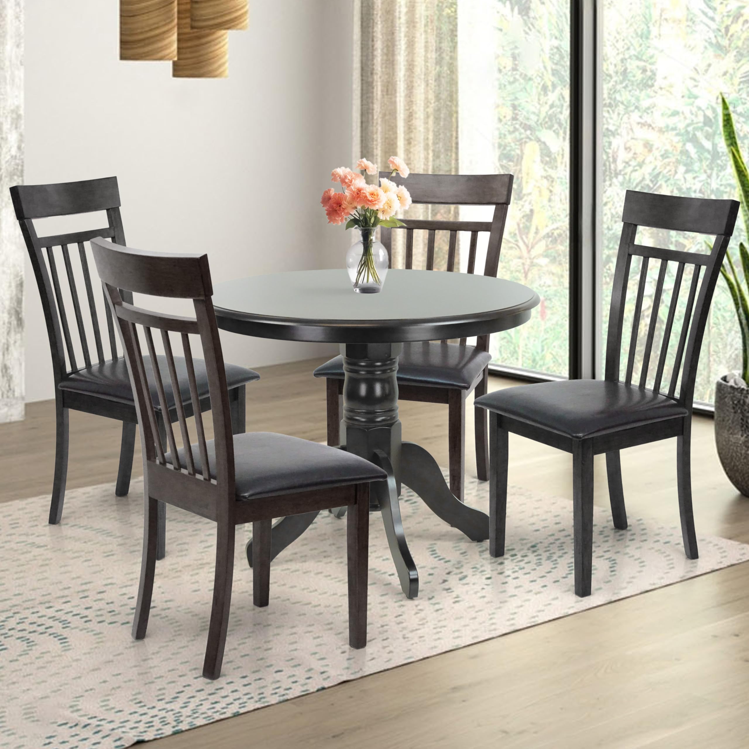 4-Piece Solid Wood Dining Chairs Set with Padded Seats - Espresso Black Finish for Kitchen & Dining Room - Perfect for Family Meals, Entertaining Guests, and Daily Comfort