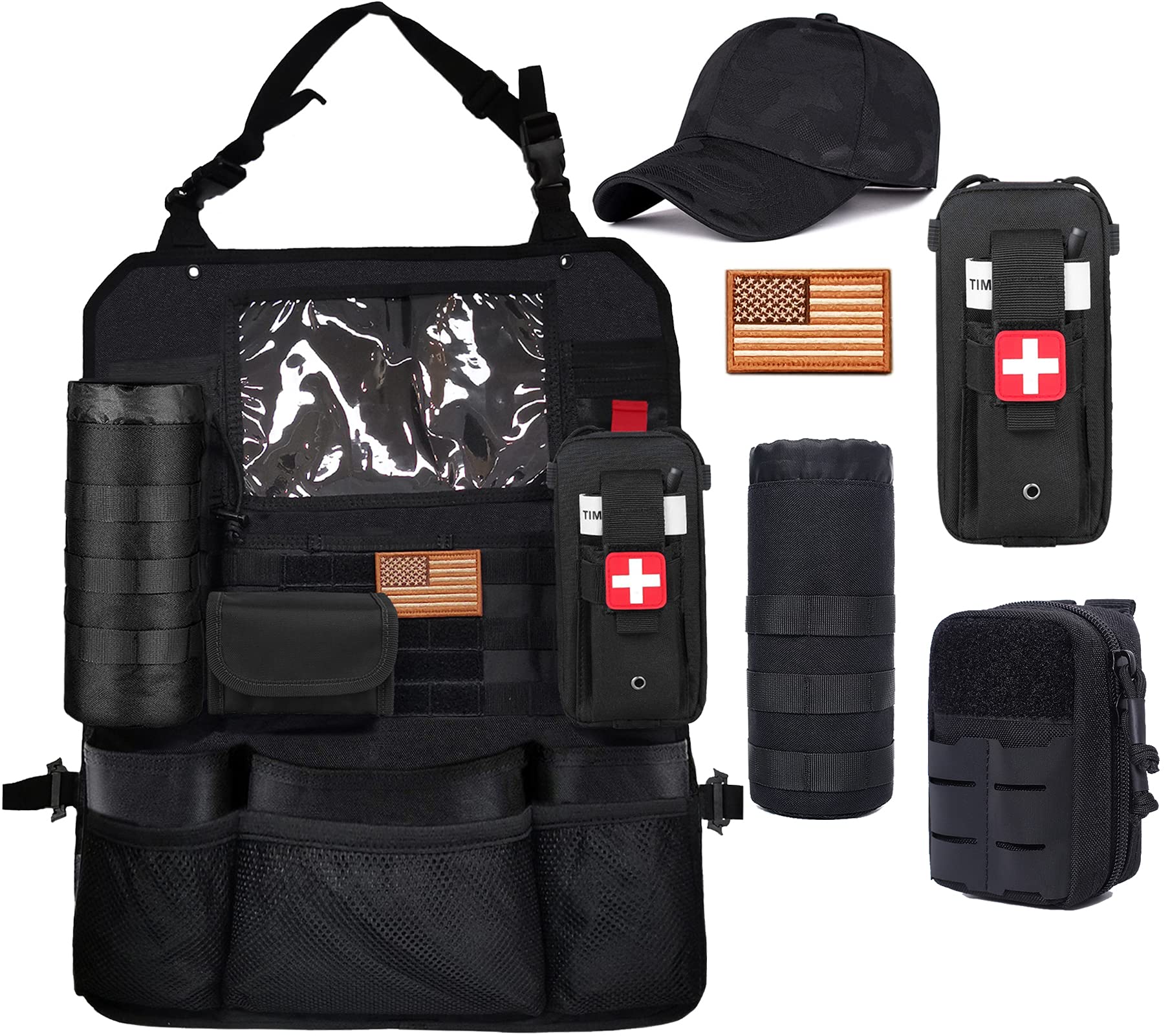 Upgrade Tactical MOLLE Car Back Seat Organizer - 14 Multi-Pockets & 4 Detachable Pouches for Trucker Hat, Medical Kit, Water Bottle & EDC Gear - Durable Vehicle Storage Solution for Camping, Road Trips & Emergency Preparedness