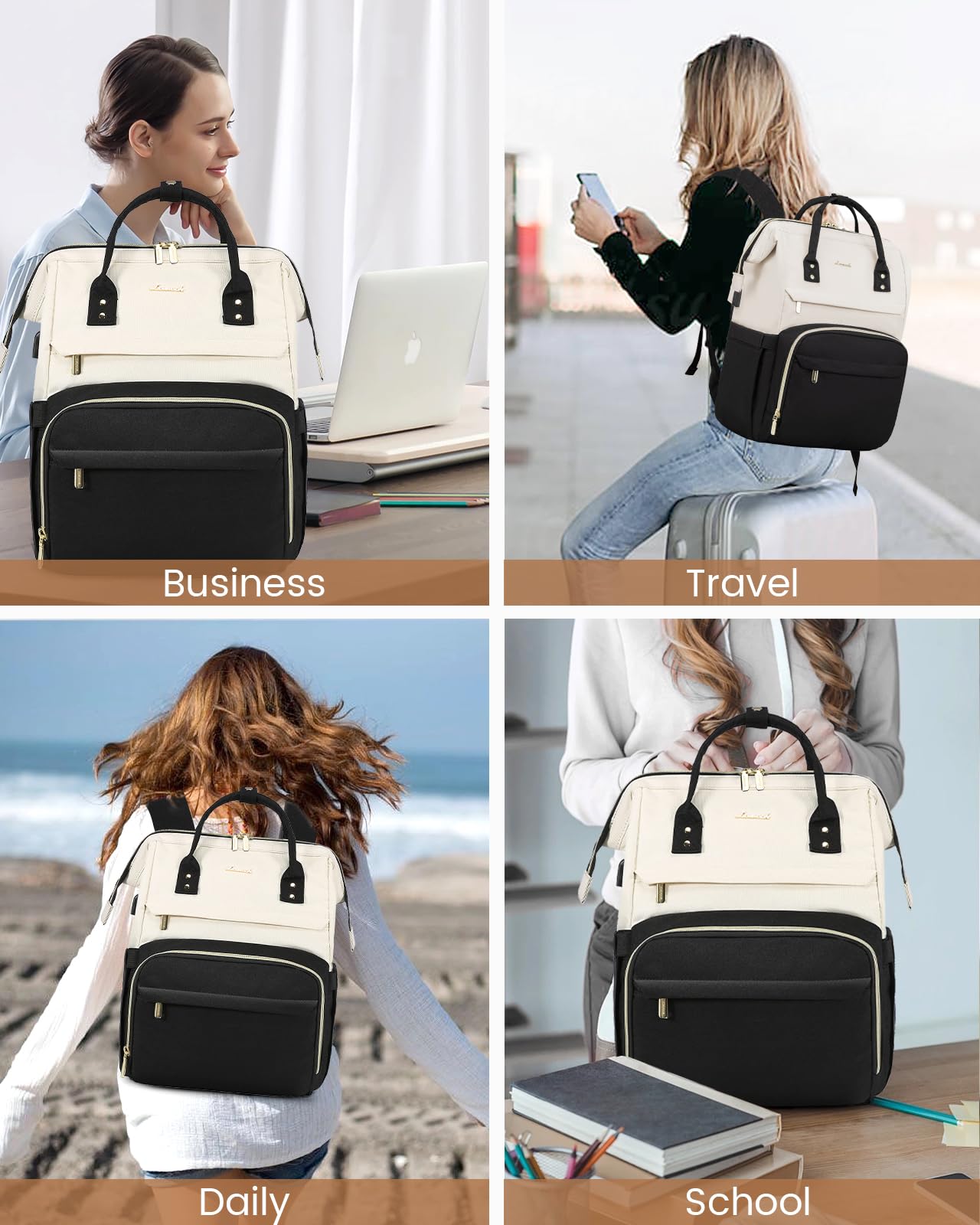 LOVEVOOK Women's Laptop Backpack - Stylish 15.6 Inch Computer Bag for Work, School & Travel - Water-Resistant Bookbag for Students, Business Professionals & Healthcare Workers (Beige-Black) - Perfect for Office Commute, College Classes & Business Trips