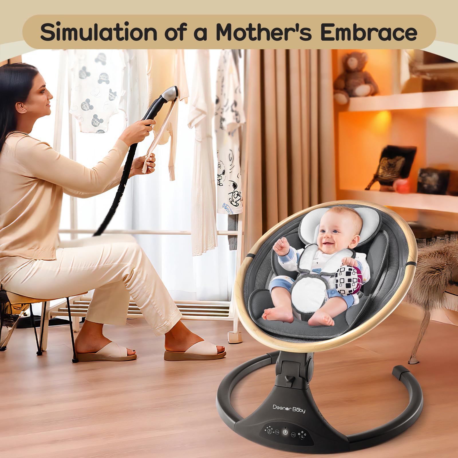 Baby Swing for Newborns to Toddlers - Electric Infant Swing with 5 Speed Settings, Adjustable 5-Point Safety Harness & 3 Reclining Positions (Gray) - Perfect for Nursery, Bedroom or Living Room Soothing & Playtime