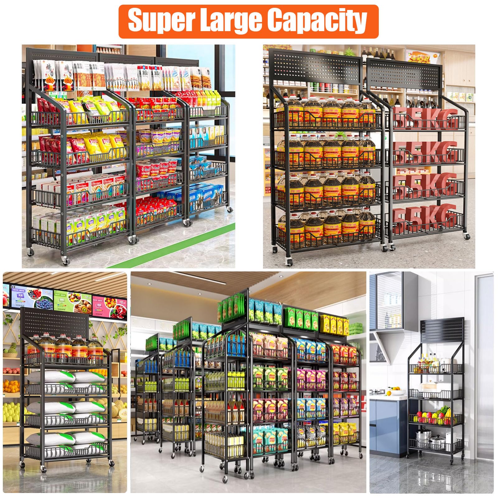 4 Tier Supermarket Snack Rack Display Stand - Free-Standing Black Metal Retail Shelves with 12 Hooks & 4 Wheels - Large Commercial Snack Shelf for Convenience Stores, Grocery Shops & Supermarkets - Perfect for Candy, Chips & Snack Organization