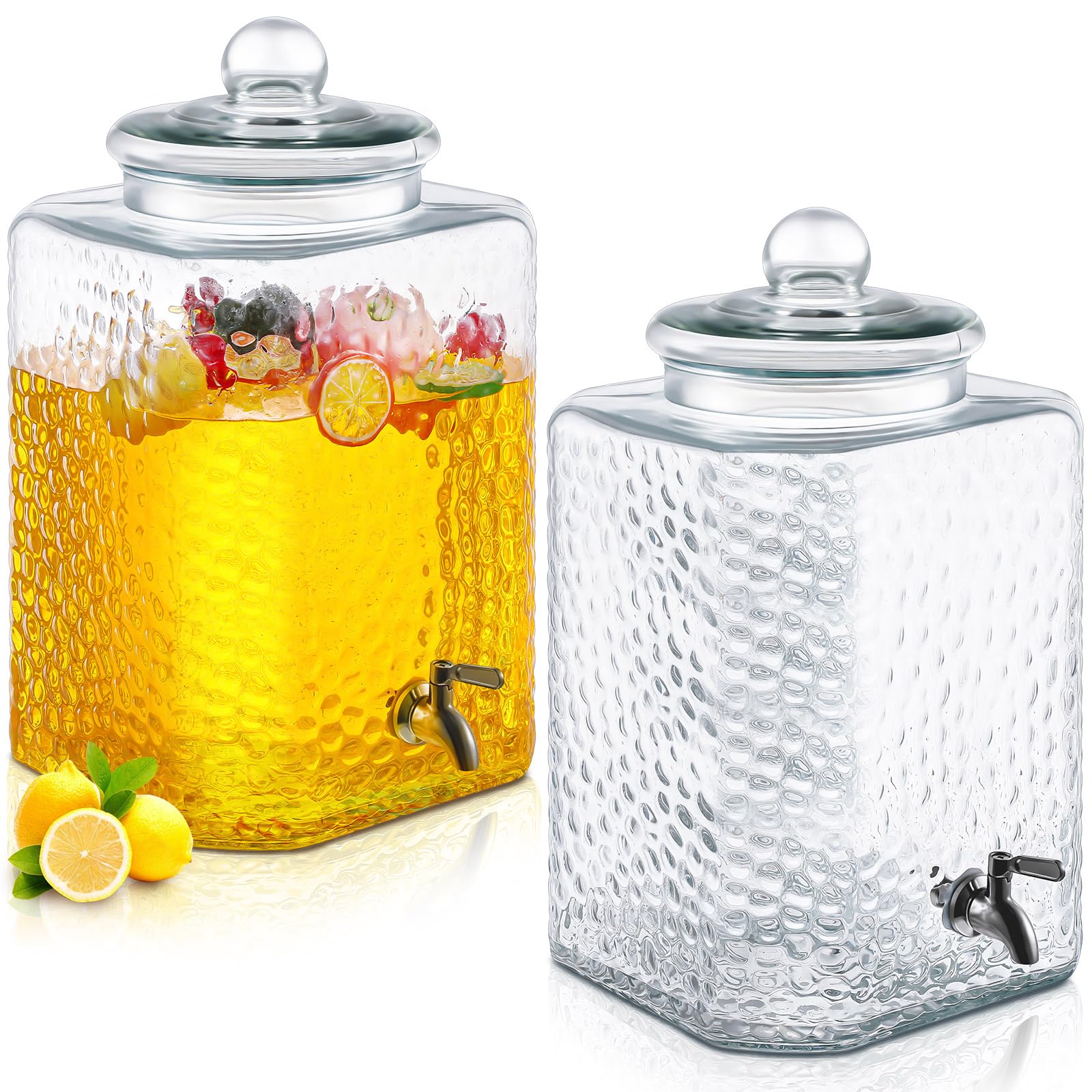 2 Pack 5 Gallon Glass Water Dispenser - Hammered Glass Beverage Dispenser with Stainless Steel Spigot for Parties, Weddings, Lemonade, Iced Tea - Perfect for Outdoor Events, BBQs, and Office Use