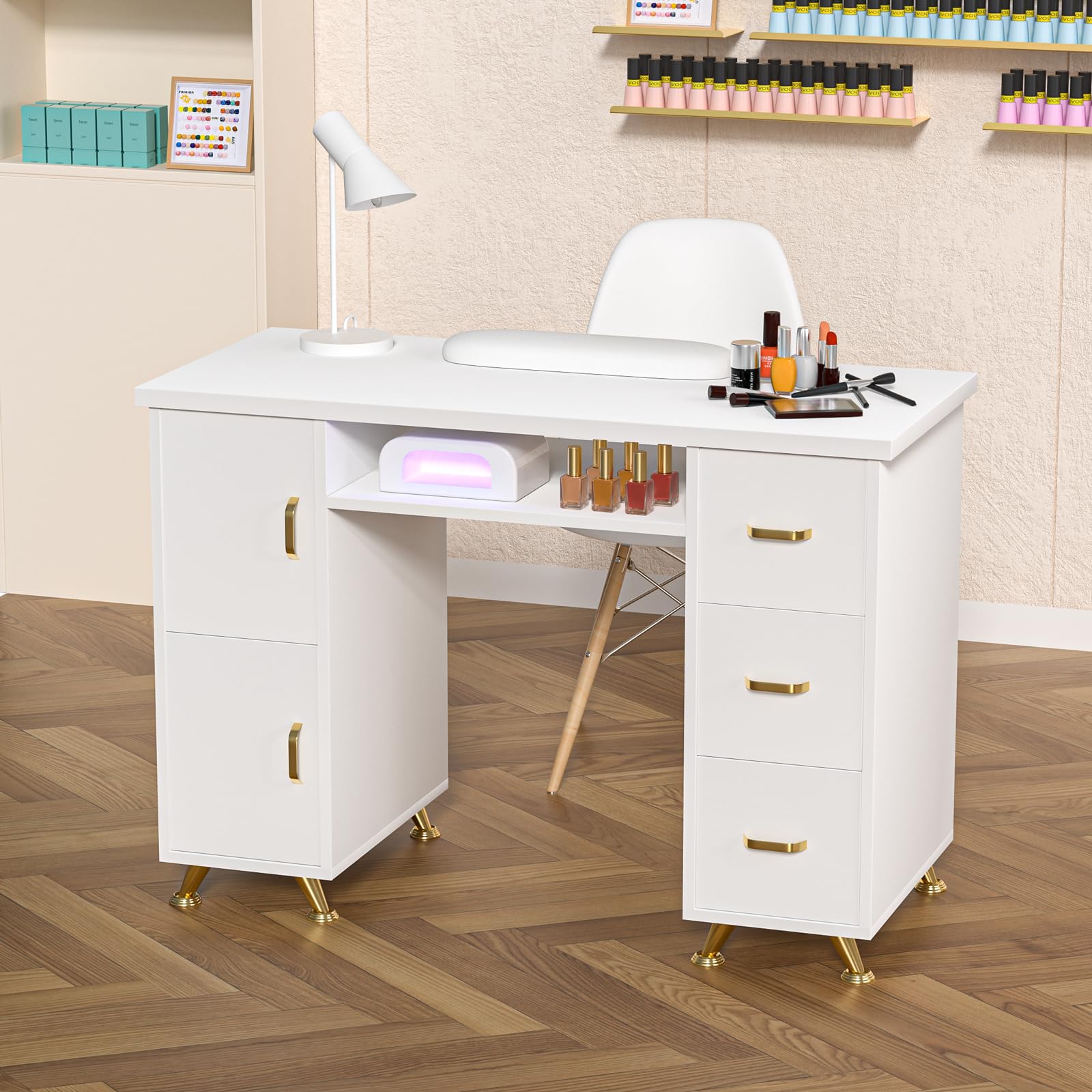 Professional Manicure Table for Nail Technicians - Double Layered Nail Salon Desk with Wrist Cushion, 3 Drawers & 2 Cabinets - Acetone Resistant Beauty Station for Salon Storage & Organization | Perfect for Home & Professional Nail Studios