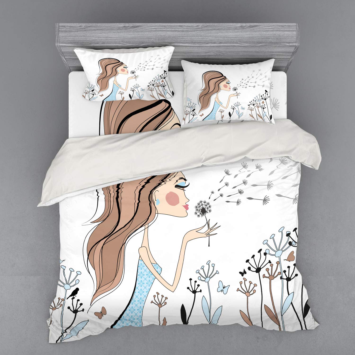 Ambesonne Retro Duvet Cover Set - Fashion Woman with Dandelion Flower Spring Wind Garden Sketchy Illustration - 4 Piece Bedding Set with Shams & Fitted Sheet - King Size - Warm Taupe & Blue - Perfect for Bohemian Bedroom Decor & Spring Home Refresh