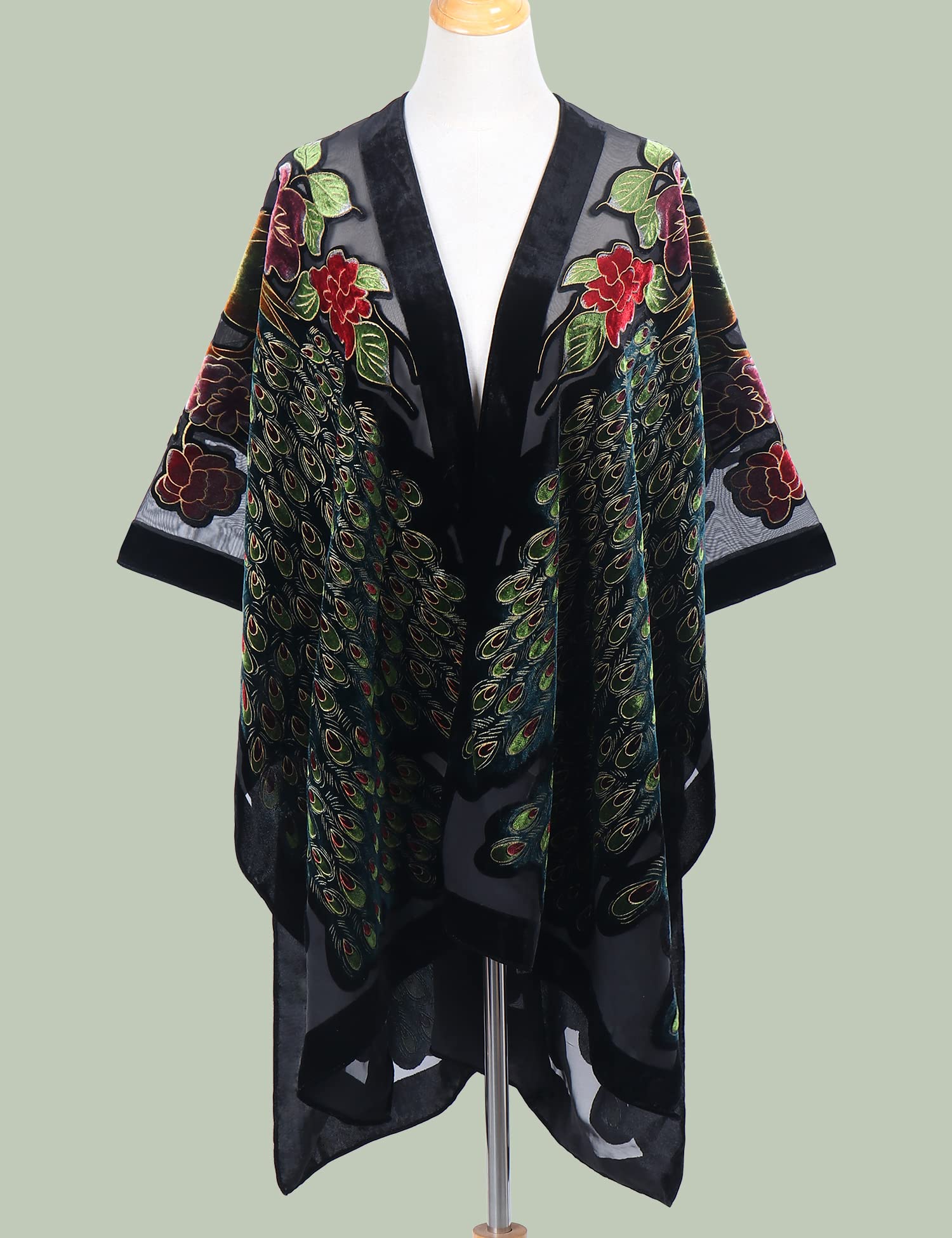 WeHello Women's Burnout Velvet Kimono Long Cardigan Cover Up - Peacock/Black | Lightweight Loungewear for Home, Beach & Boho Fashion