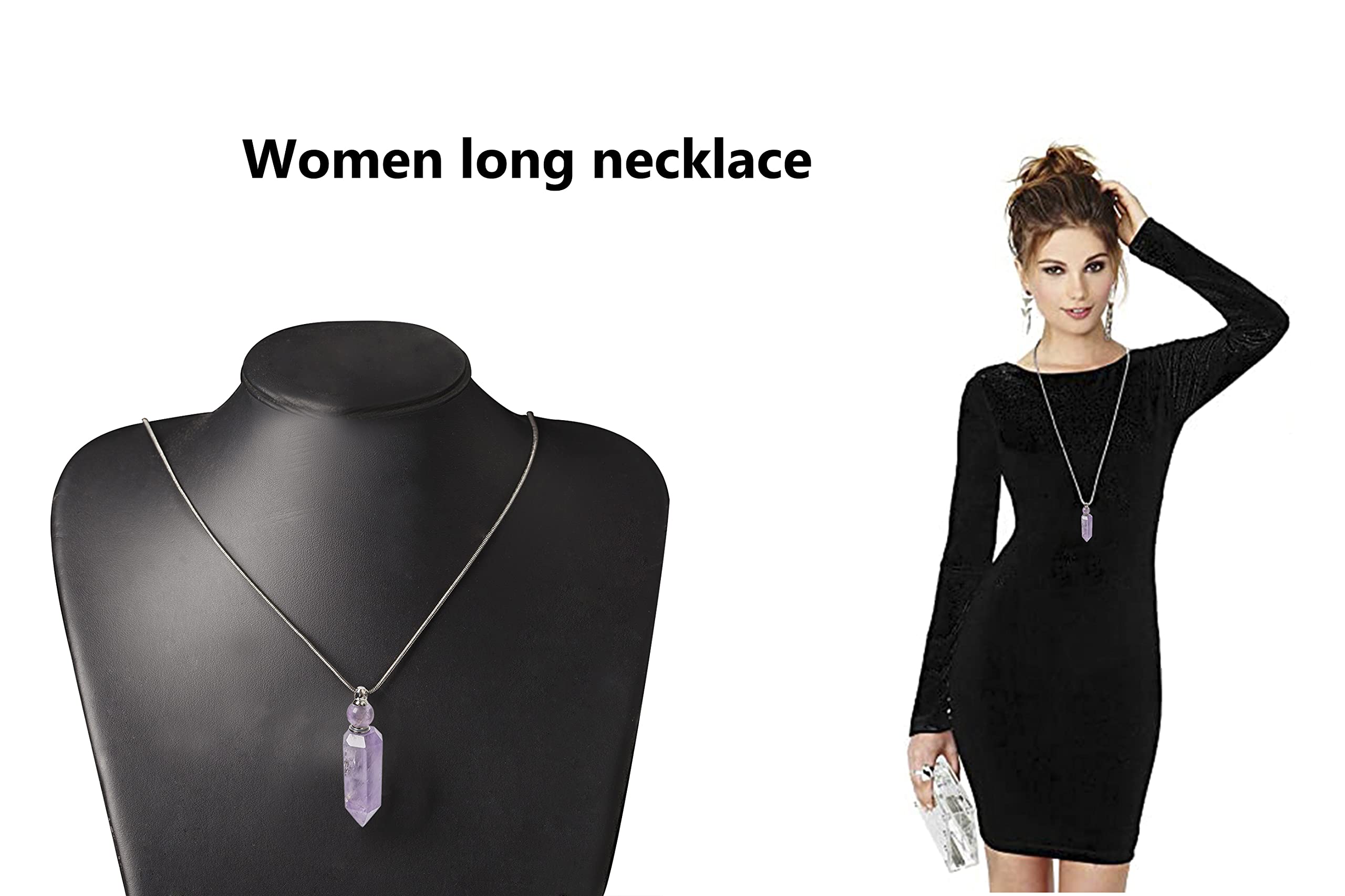 AMOYSTONE 1P Natural Amethyst Necklace - Long Chain Healing Crystal Pendant with Aromatherapy Oil Diffuser, Bullet Shape Women's Jewelry Gift for Meditation, Yoga & Spiritual Healing