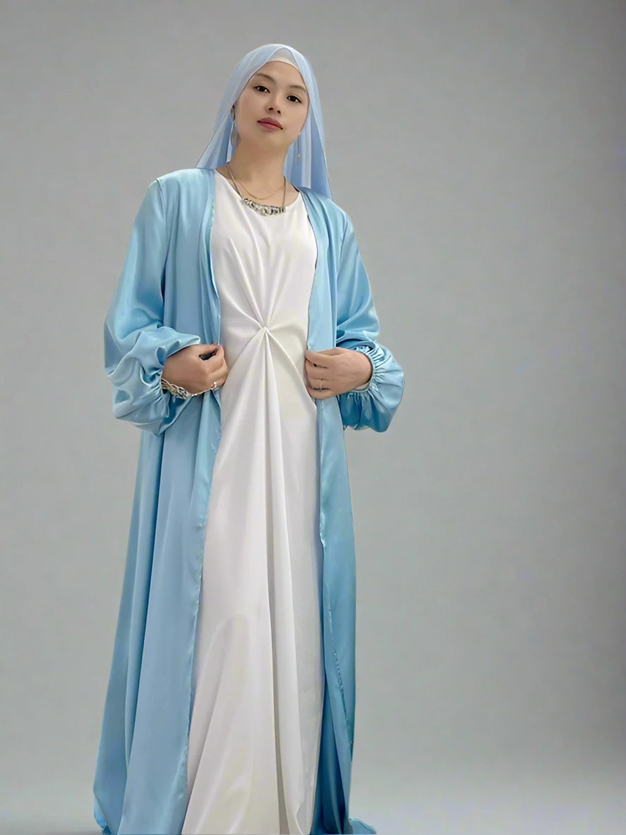 Elegant Puff Sleeve Satin Open Abaya Dress for Muslim Women - Modest Islamic Prayer Dress for Eid, Wedding & Special Occasions