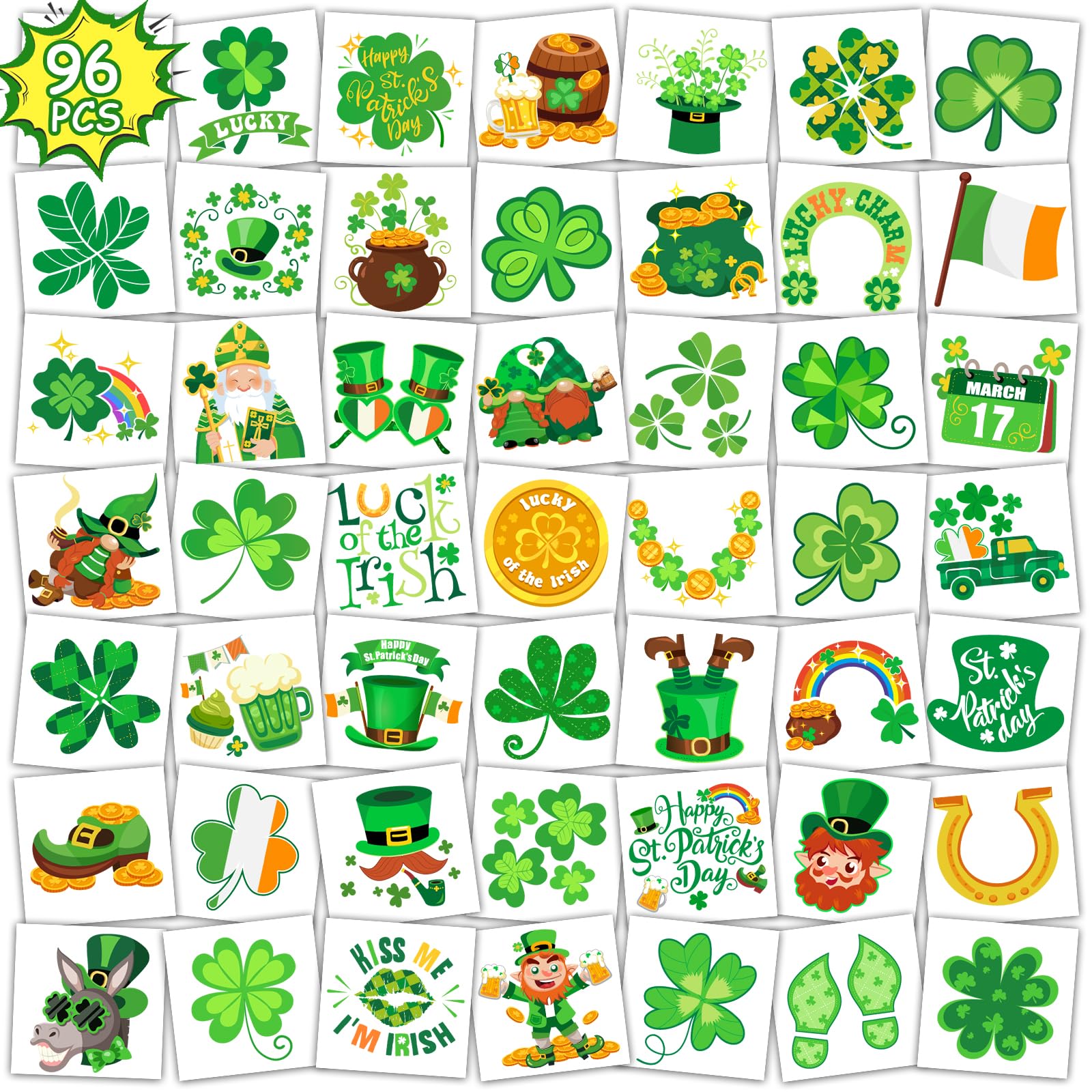 96Pcs St Patricks Day Temporary Tattoos - Lucky Shamrock & Irish Symbols for Kids & Adults | St Patricks Day Party Supplies, Face Makeup Accessories | Perfect for Festivals, Parades & Themed Events