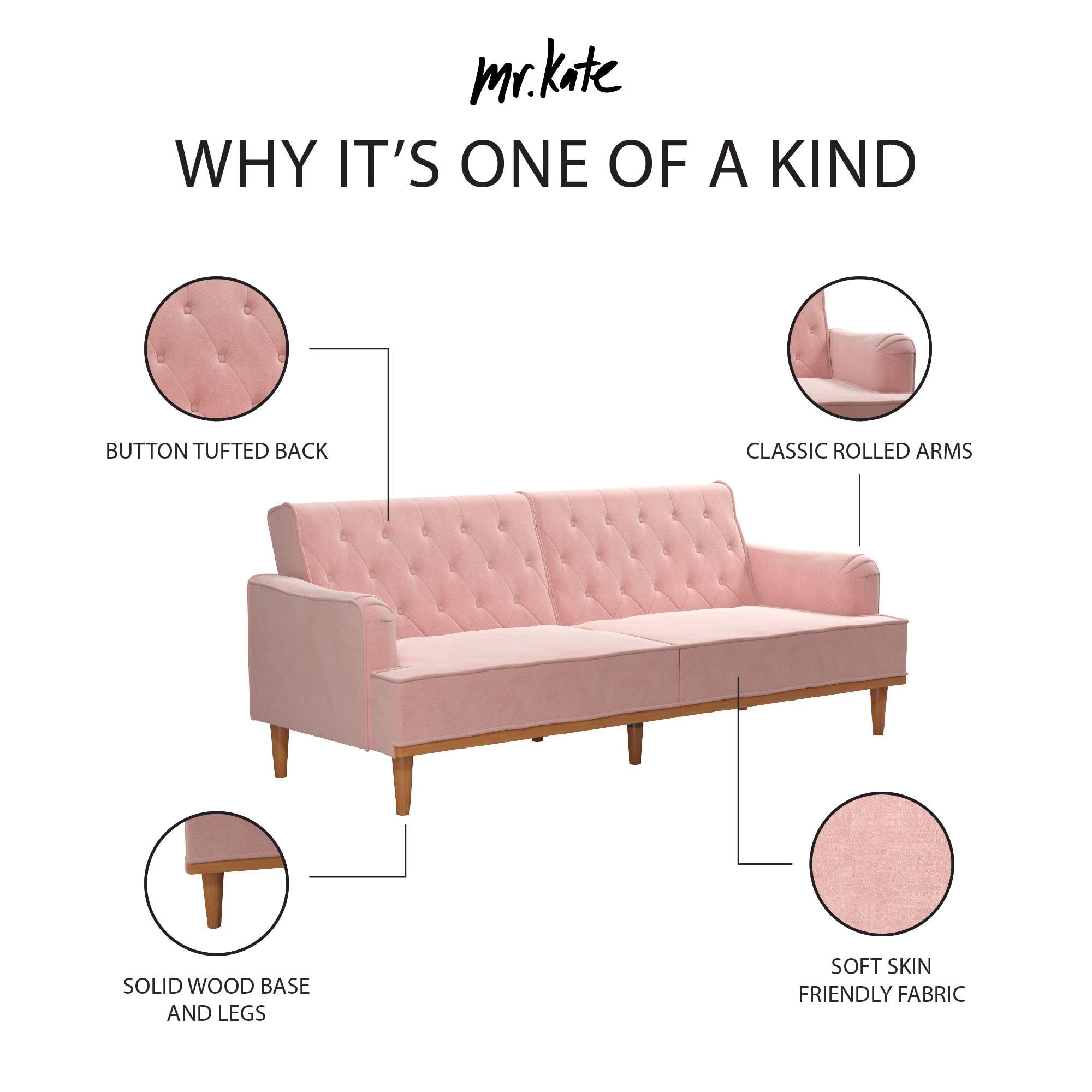 Mr. Kate Stella 80 Inch Velvet Futon Sofa Bed - Modern Upholstered Convertible Sleeper with Button Tufted Back & Wood Trim, Pink | Perfect for Small Apartments, Guest Rooms & Cozy Living Spaces