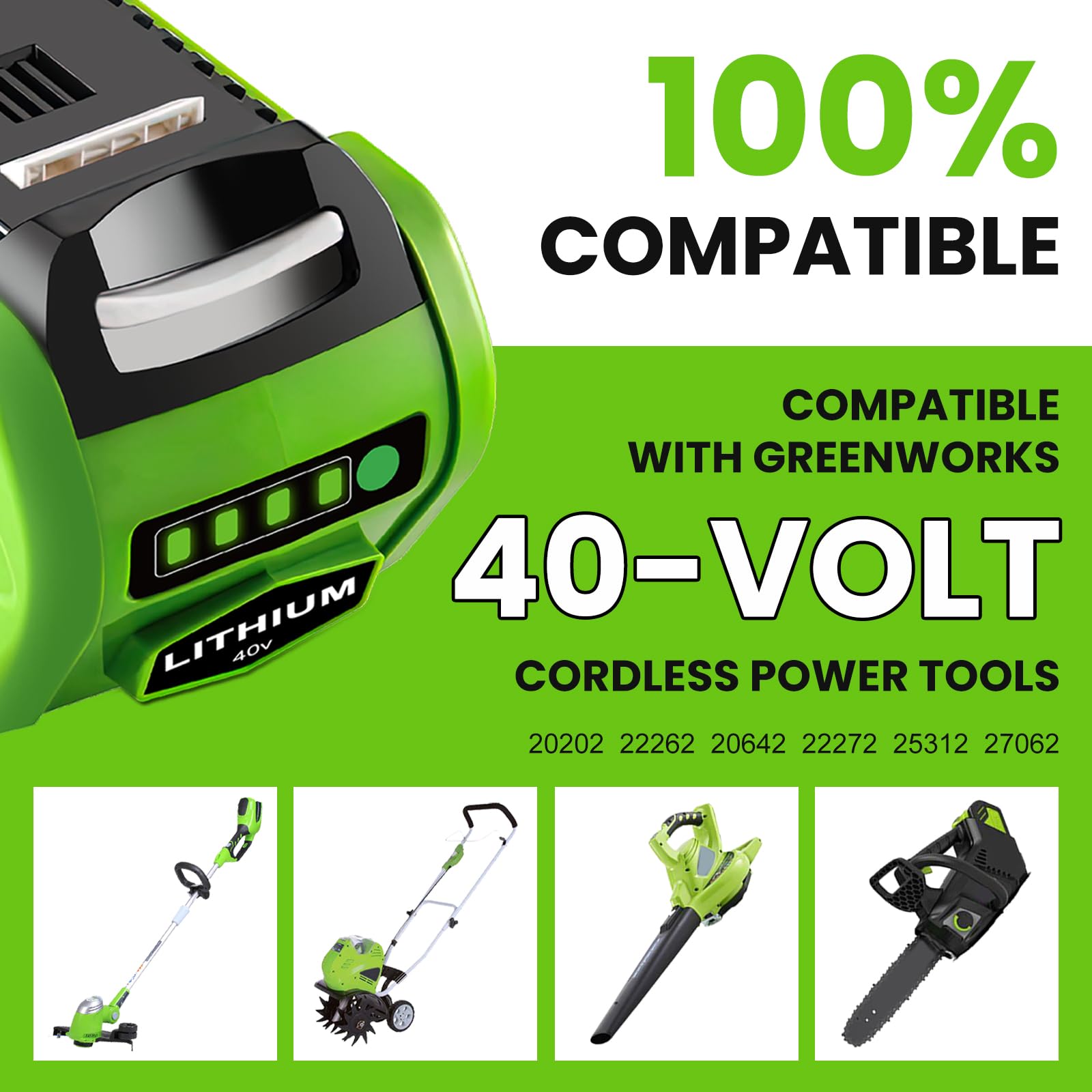 6.0Ah 40V Lithium-Ion Battery & Charger Replacement for Greenworks 29462 29472 29482 - Compatible with Greenworks 40V Tools - Perfect for Lawn Mowers, String Trimmers & Outdoor Power Equipment (Green)