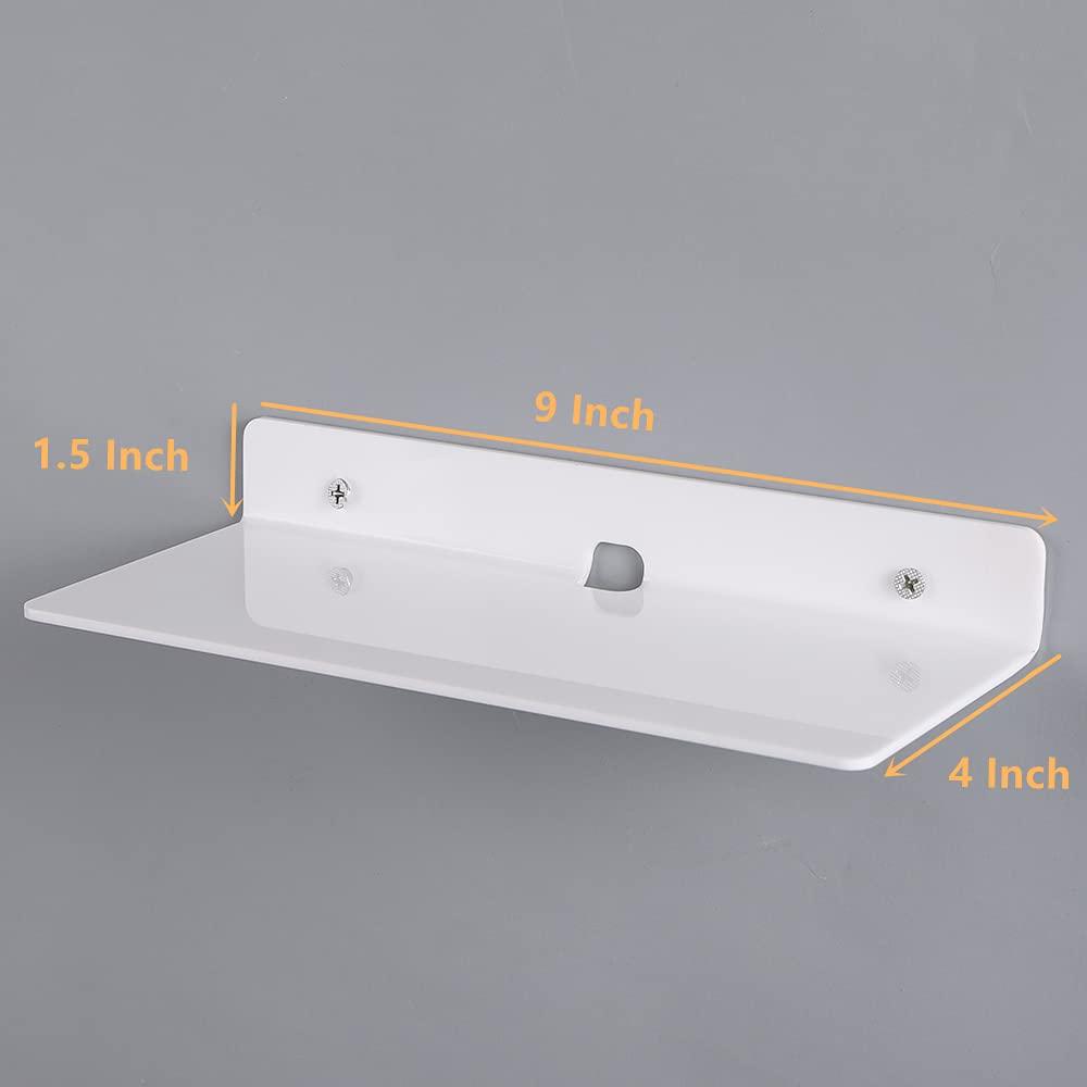 IEEK 9 Inch Acrylic Floating Shelves Set of 4 - Small Wall Display Shelf for Bluetooth Speakers, Security Cameras, Nintendo Switch & Action Figures - Damage-Free Stick-On Wall Shelves (White) - Perfect for Bedroom, Living Room & Office Organization