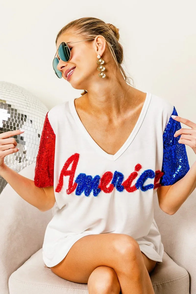 BiBi Metallic Letter V-Neck Sequin Sleeves Top for Women | Party Wear, Club Outfit, Evening Dress, Special Occasion Fashion