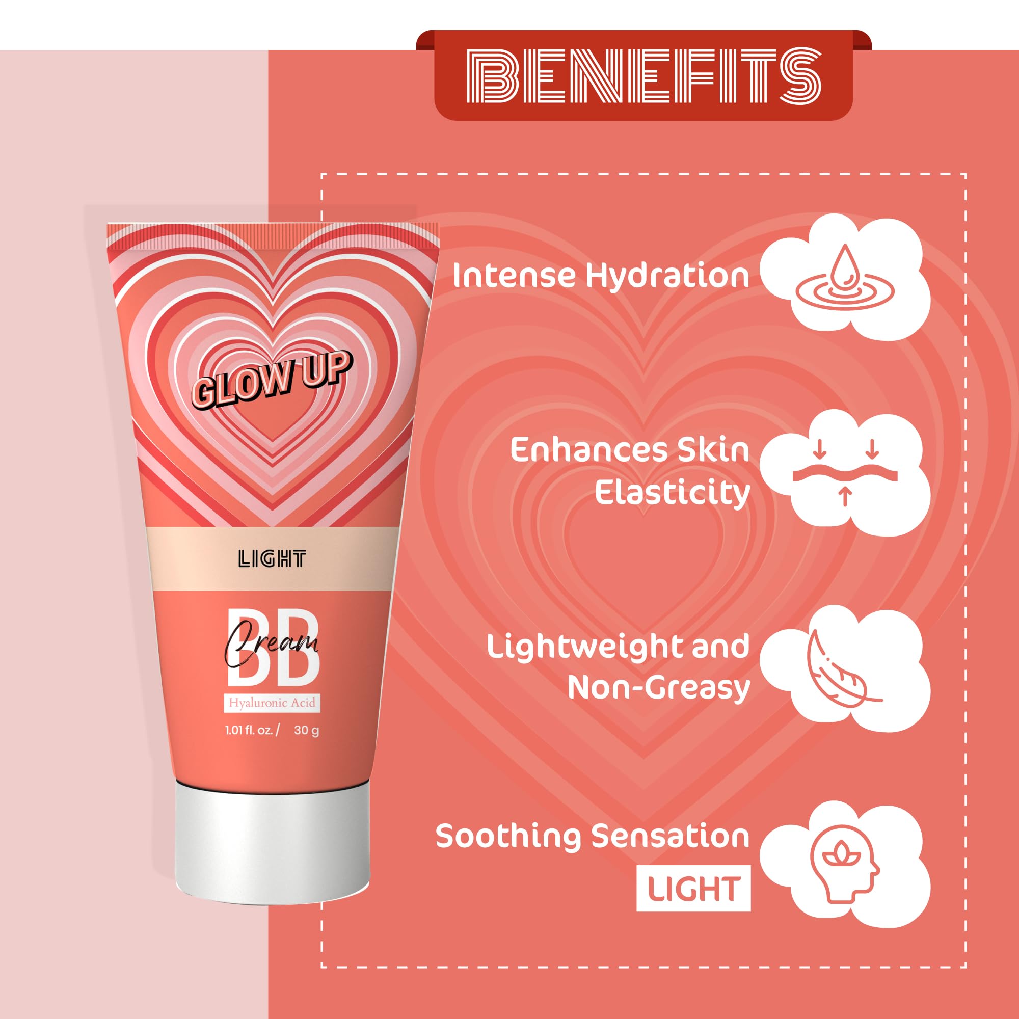 GLOW UP BB Cream 30g - Light Shade with Hyaluronic Acid & SPF 15 | Instant Spot Coverage & Natural Glow | Daily Moisturizing Makeup for Men & Women | Perfect for Work, Date Night & Everyday Wear