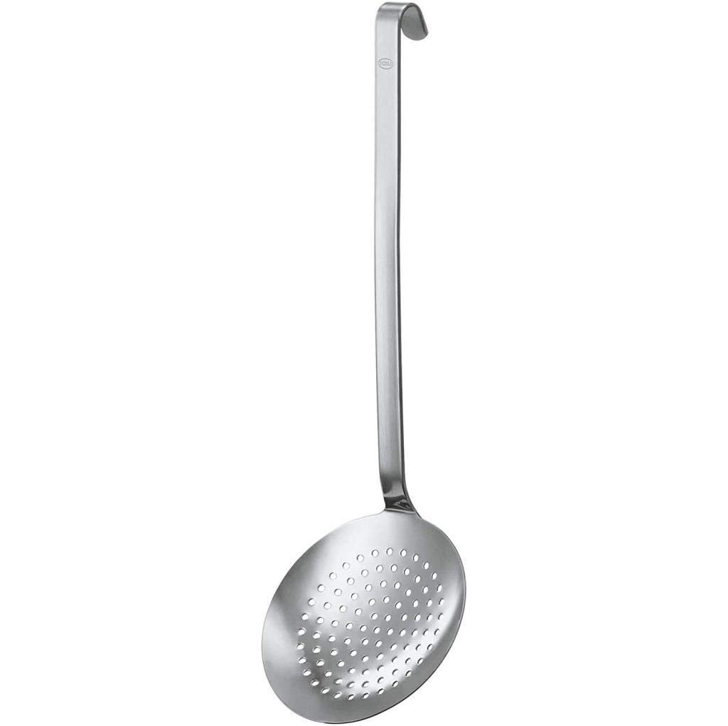 Rosle 10050 Stainless Steel Kitchen Skimmer with Hook - 3.9 Inch Diameter - Perfect for Deep Frying, Pasta Draining & Soup Serving - Silver