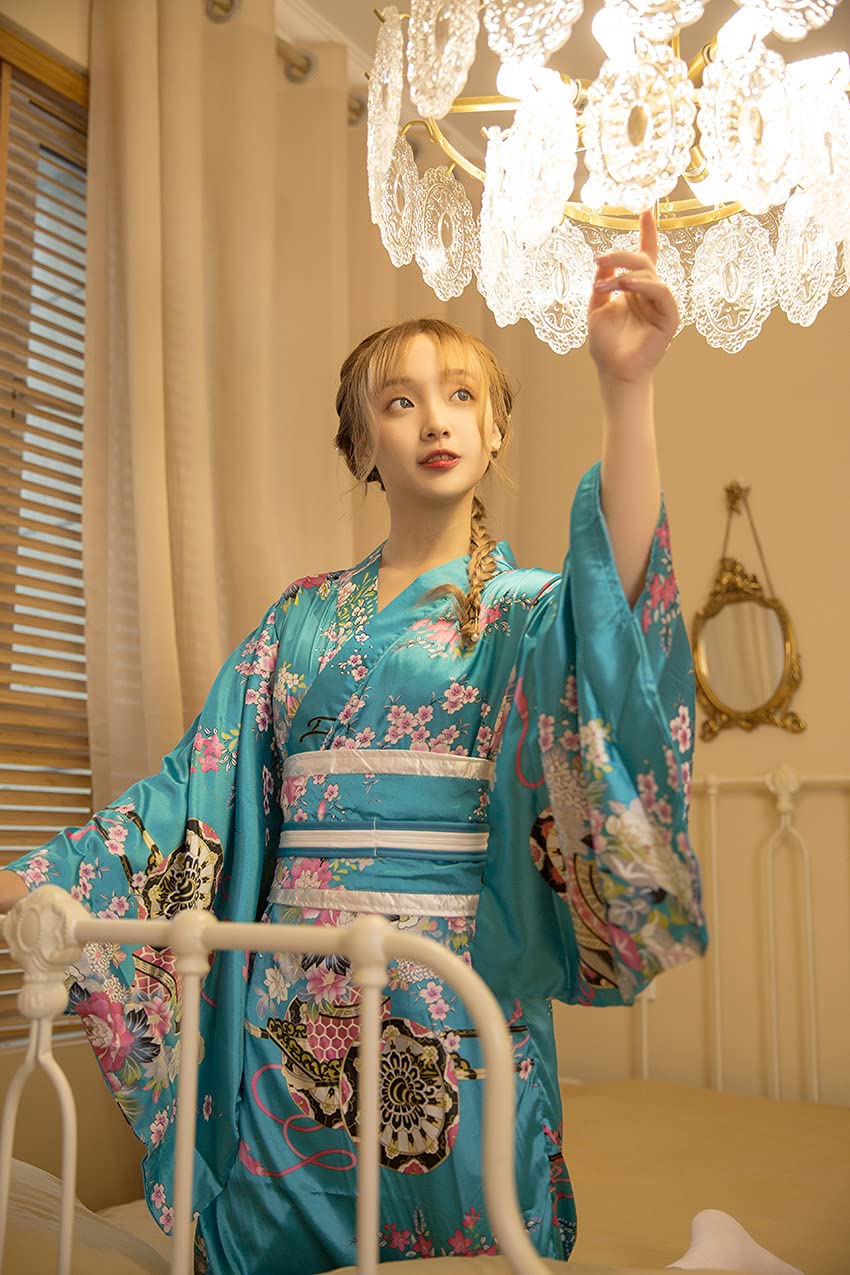 Japanese Anime Women's Kimono Robe - Geisha Yukata Sweet Dress with Blossom Satin Bathrobe, Sleepwear & Tabi Socks Set - Perfect for Cosplay, Loungewear, and Themed Parties