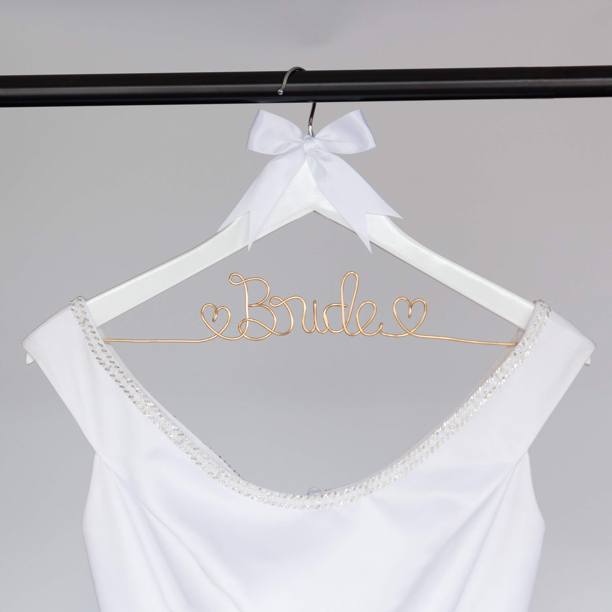 Elegant Wooden & Wire Wedding Dress Hanger for Bride - White with Light Gold Bow - Perfect for Bridal Gowns, Dresses & Special Occasions - Ideal for Wedding, Bridal Shower & Photo Shoots