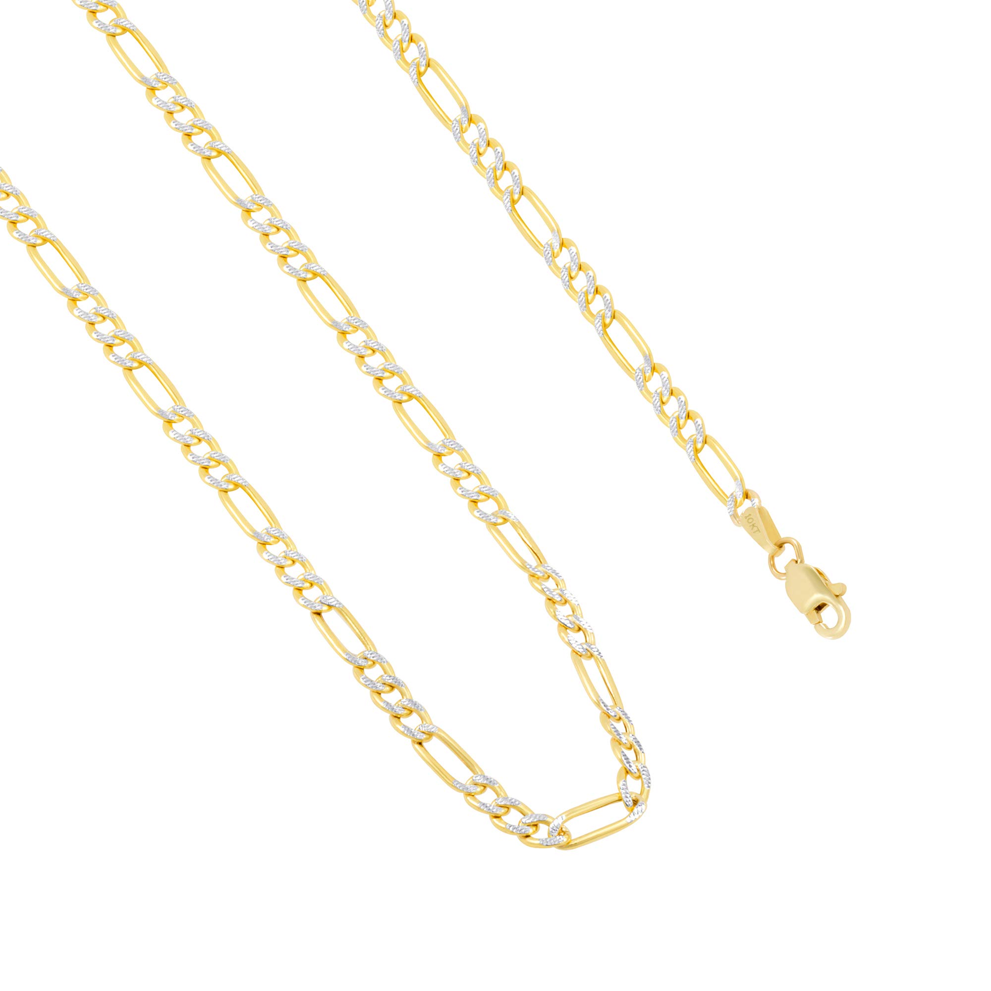 10k Real Yellow Gold Figaro Link Chain Bracelet or Anklet - 2.5mm Diamond Cut Pave Design - Two Tone Italian Jewelry for Men & Women (7