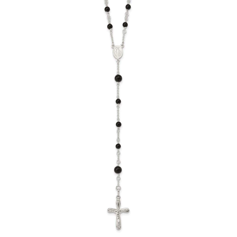 925 Sterling Silver Black Onyx Rosary Necklace for Women - Elegant Fine Jewelry Gift for Her, 33 Inch Chain - Perfect for Religious Occasions, Daily Wear & Special Gifts