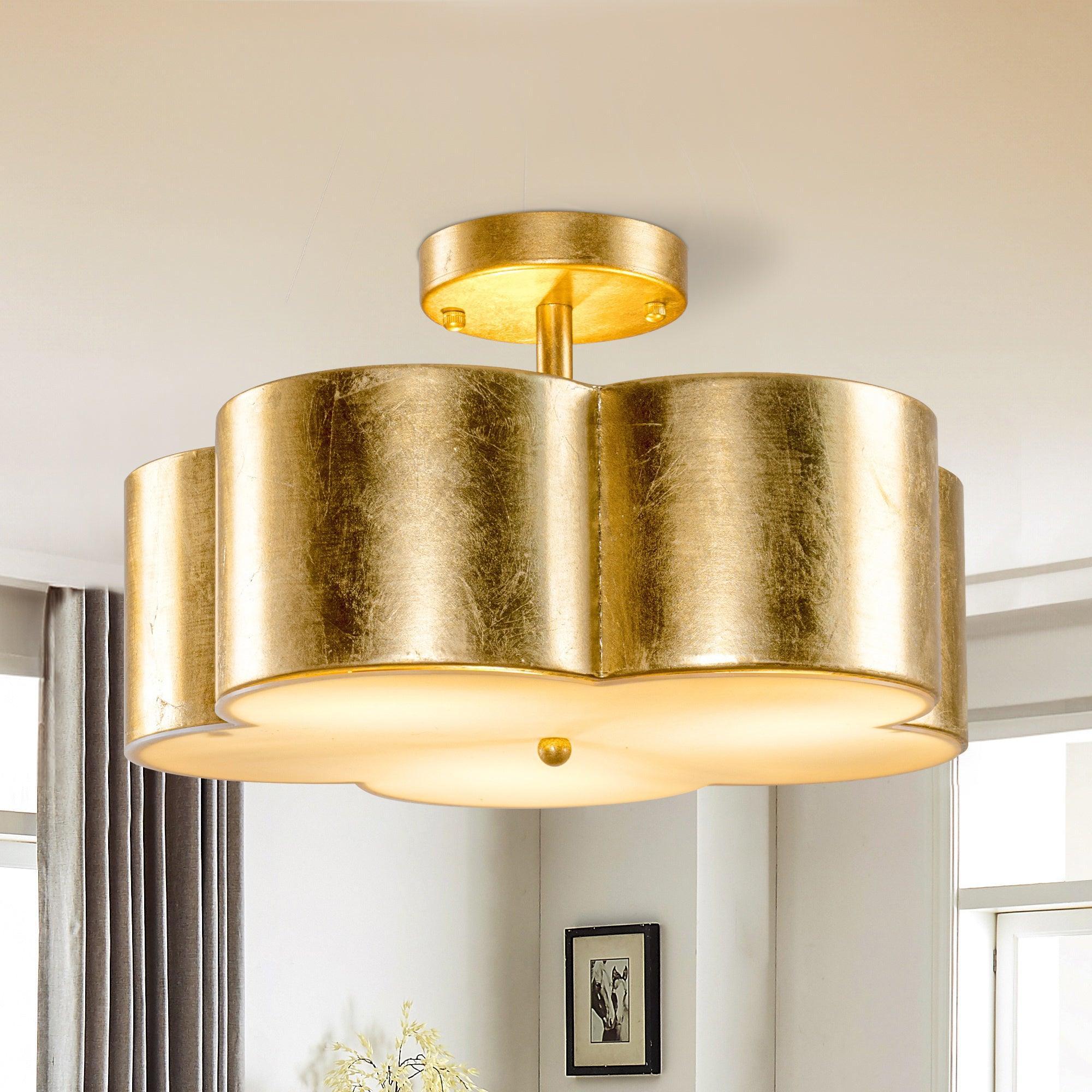 Modern Golden Semi Flush Mount Ceiling Light Fixture - 3 Lights for Bedroom, Dining Room, Living Room & Hallway Lighting