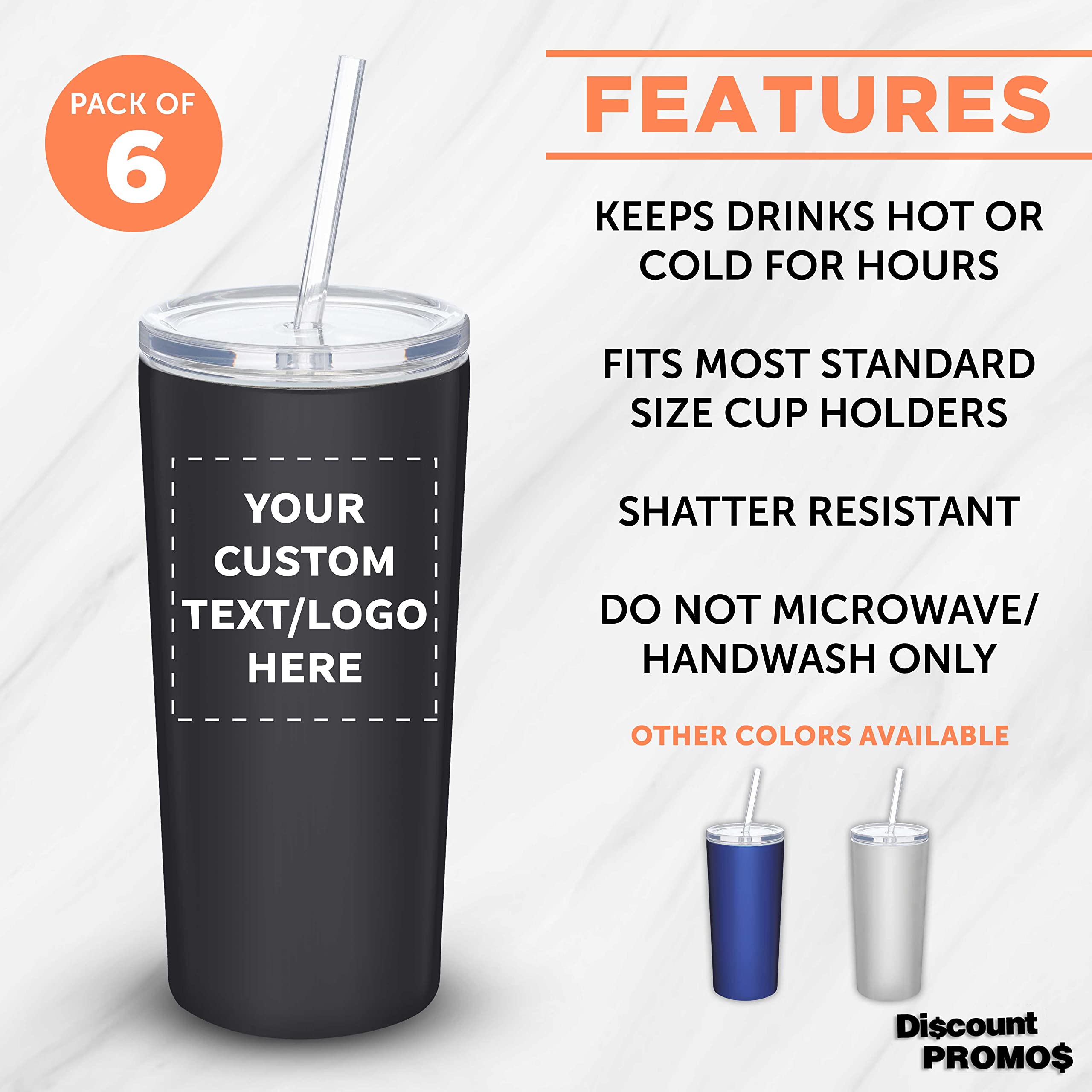 6 Pack Mira Stainless Steel Tumblers with Straws - 16oz Double Wall Insulated Cups - Custom Text/Logo - Tritan Lid - Black - Perfect for Office, Gym & Outdoor Activities