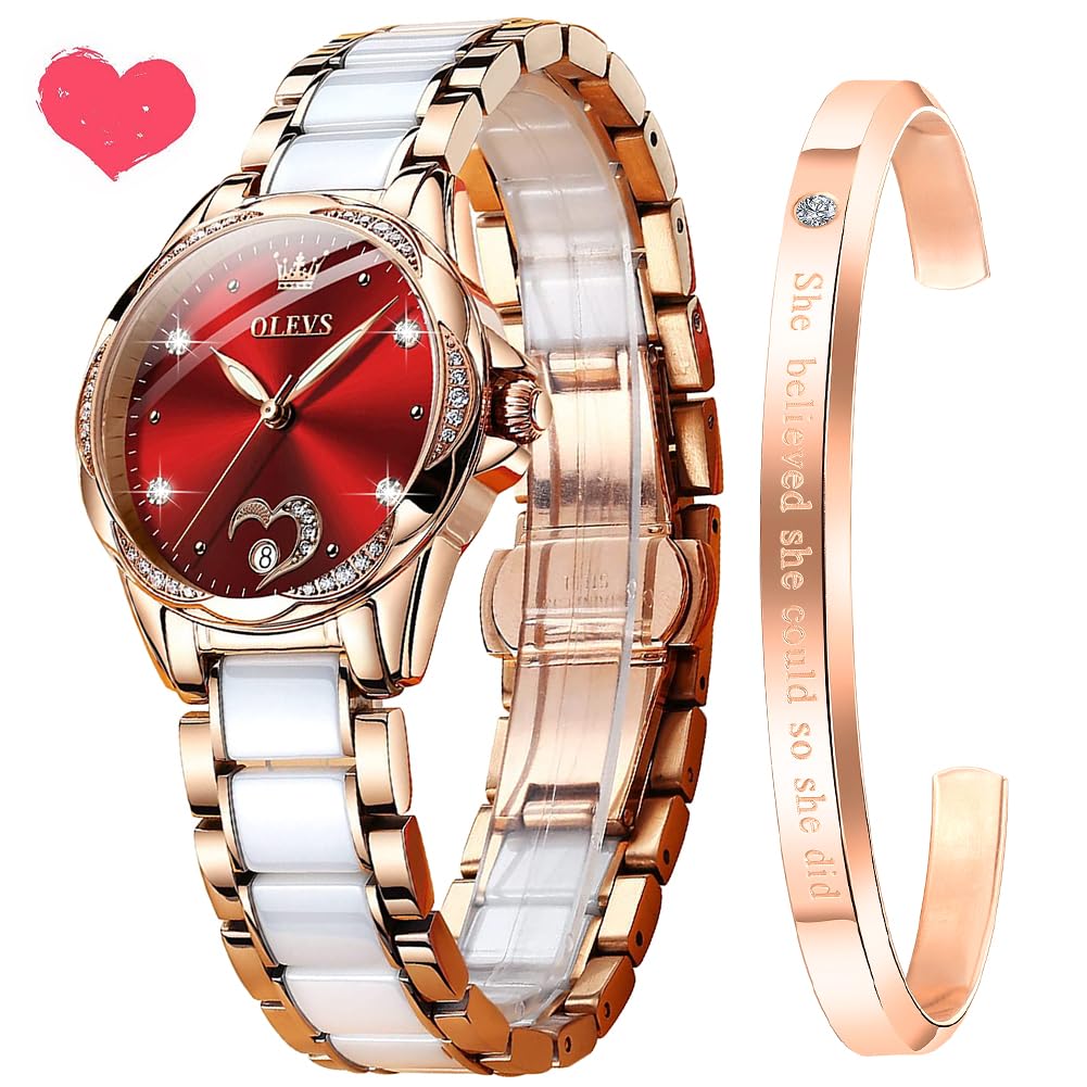 OLEVS Women's Automatic Mechanical Watch with Diamond Heart Dial, Rose Gold Ceramic Band, Waterproof & Luminous Date - Perfect for Date Nights, Office Wear & Special Occasions