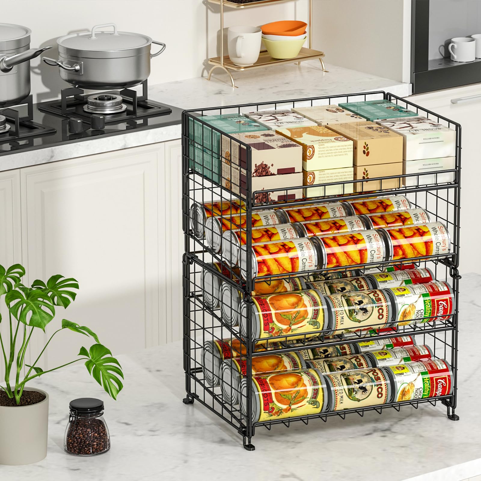 2-Pack Stackable Kitchen Pantry Organizer - Space-Saving Cabinet Storage for Food, Snacks & Soda Cans - Multifunctional Dispenser for Pantry, Office or Dorm Room Organization